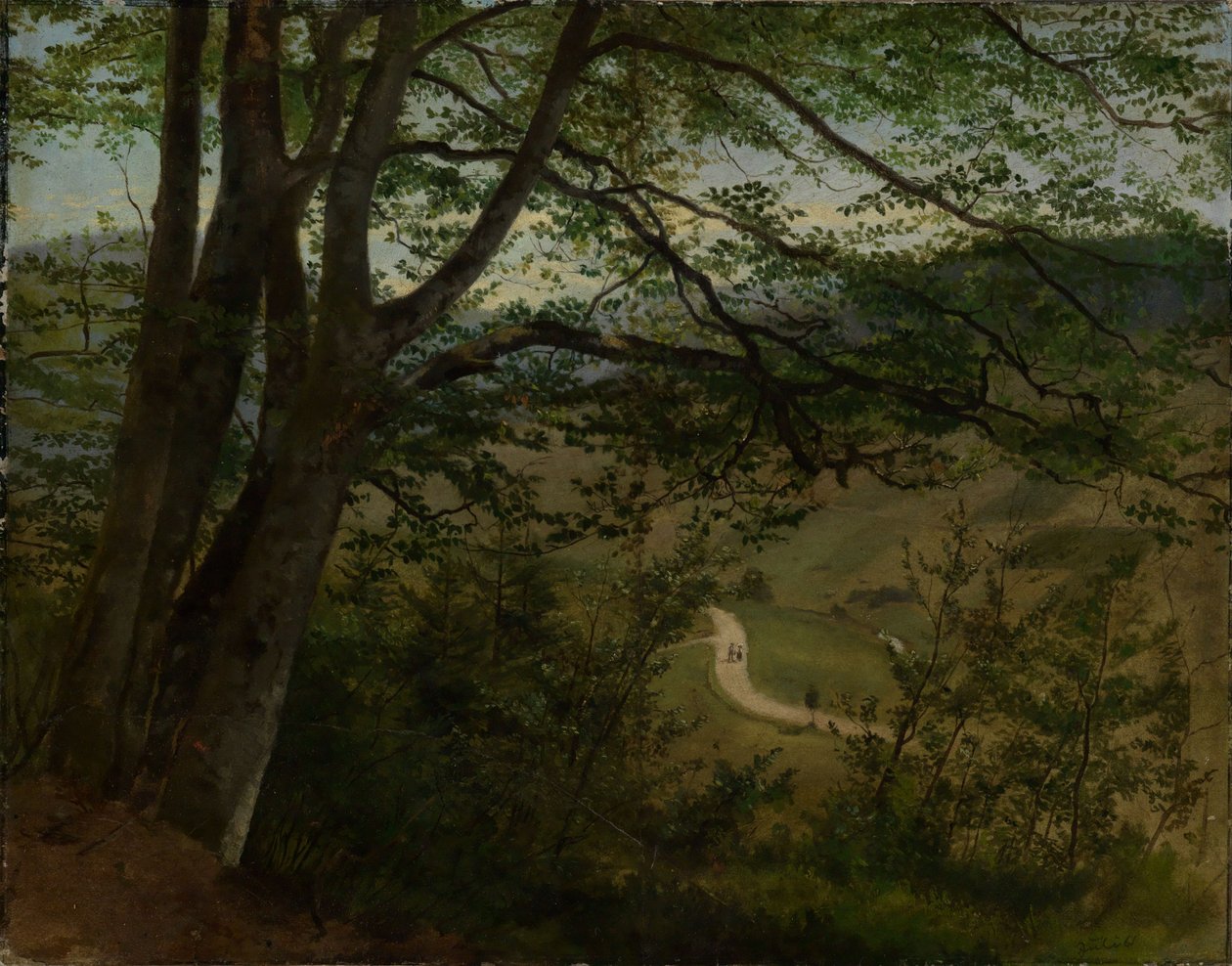 Vista do vale através das árvores e dos arbustos de Hans Thoma