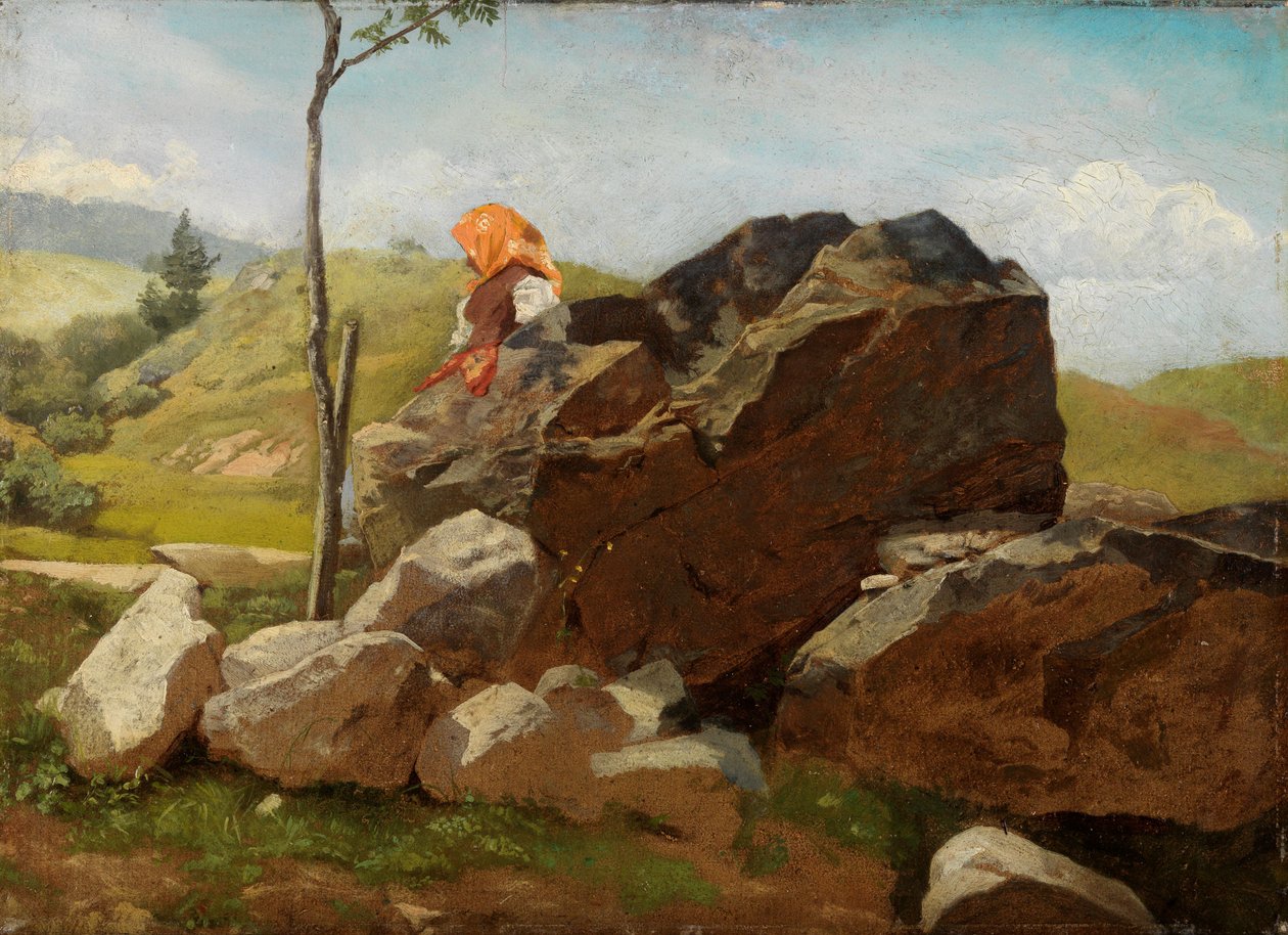 Blocos de rocha com uma rapariga do campo sentada de Hans Thoma