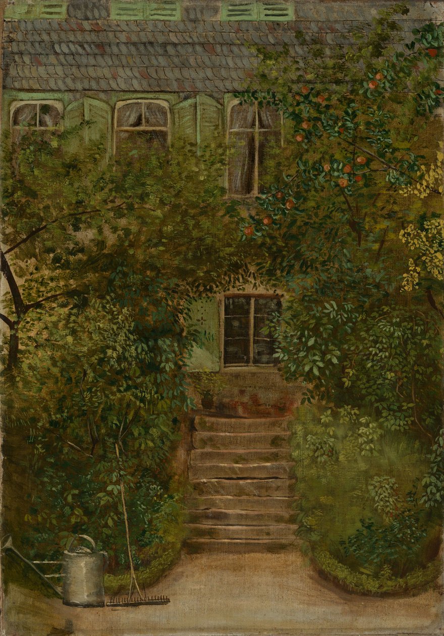 Jardim de uma casa de campo com regador e ancinho de Hans Thoma