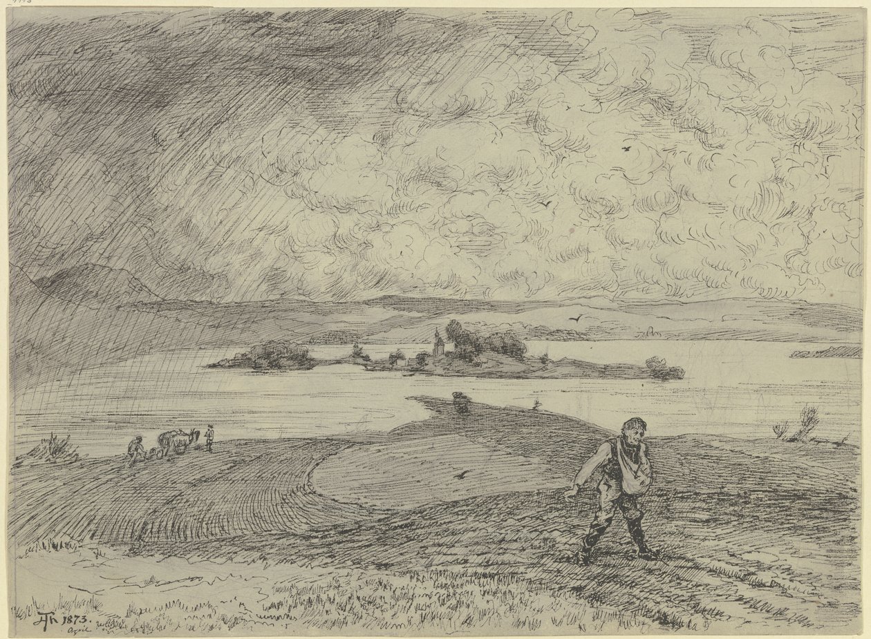 Paisagem com um semeador; ao fundo, um lago com uma ilha de Hans Thoma
