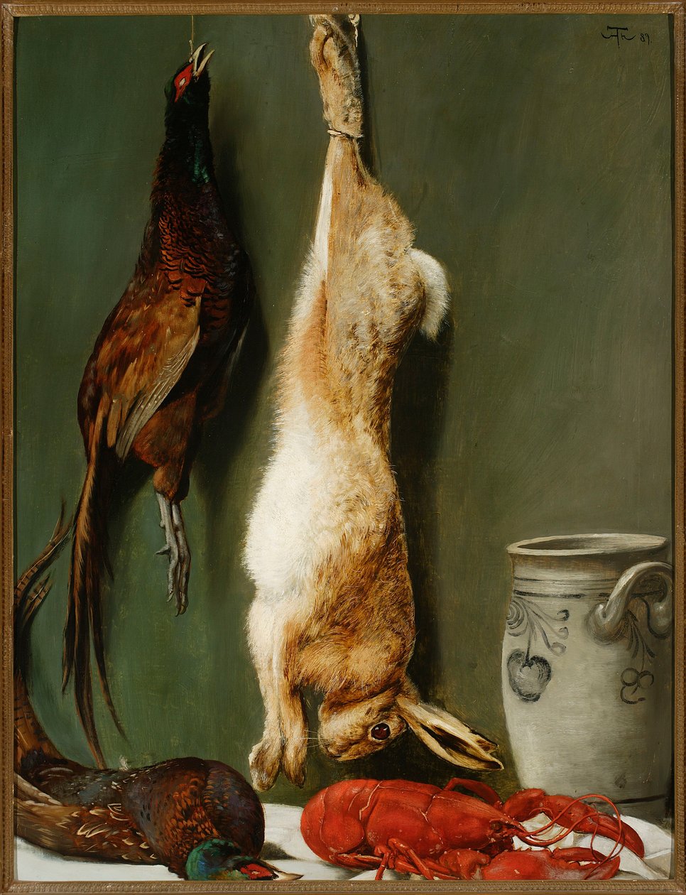 Natureza-morta: lebre, faisões, lagosta e jarro de Hans Thoma