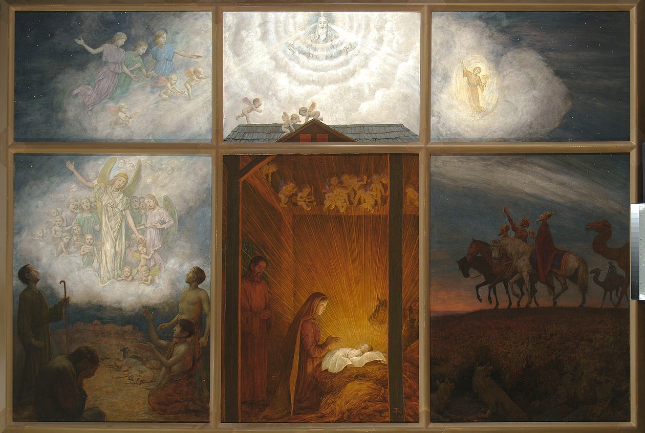 A Virgem Maria a adorar o Menino Jesus no presépio de Hans Thoma