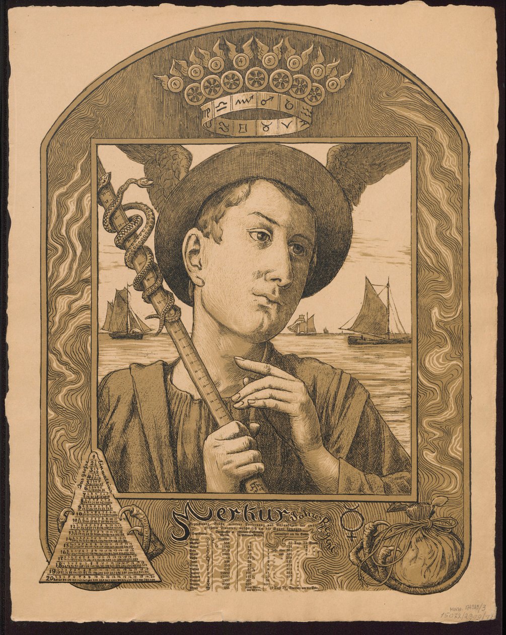 «Merkur Jahrers Regent». Mercúrio como soberano do ano. Esboços para o «Calendário Perpétuo em Imagens», parte II, 1901 (Immerwährender Bilderkalender) de Hans Thoma