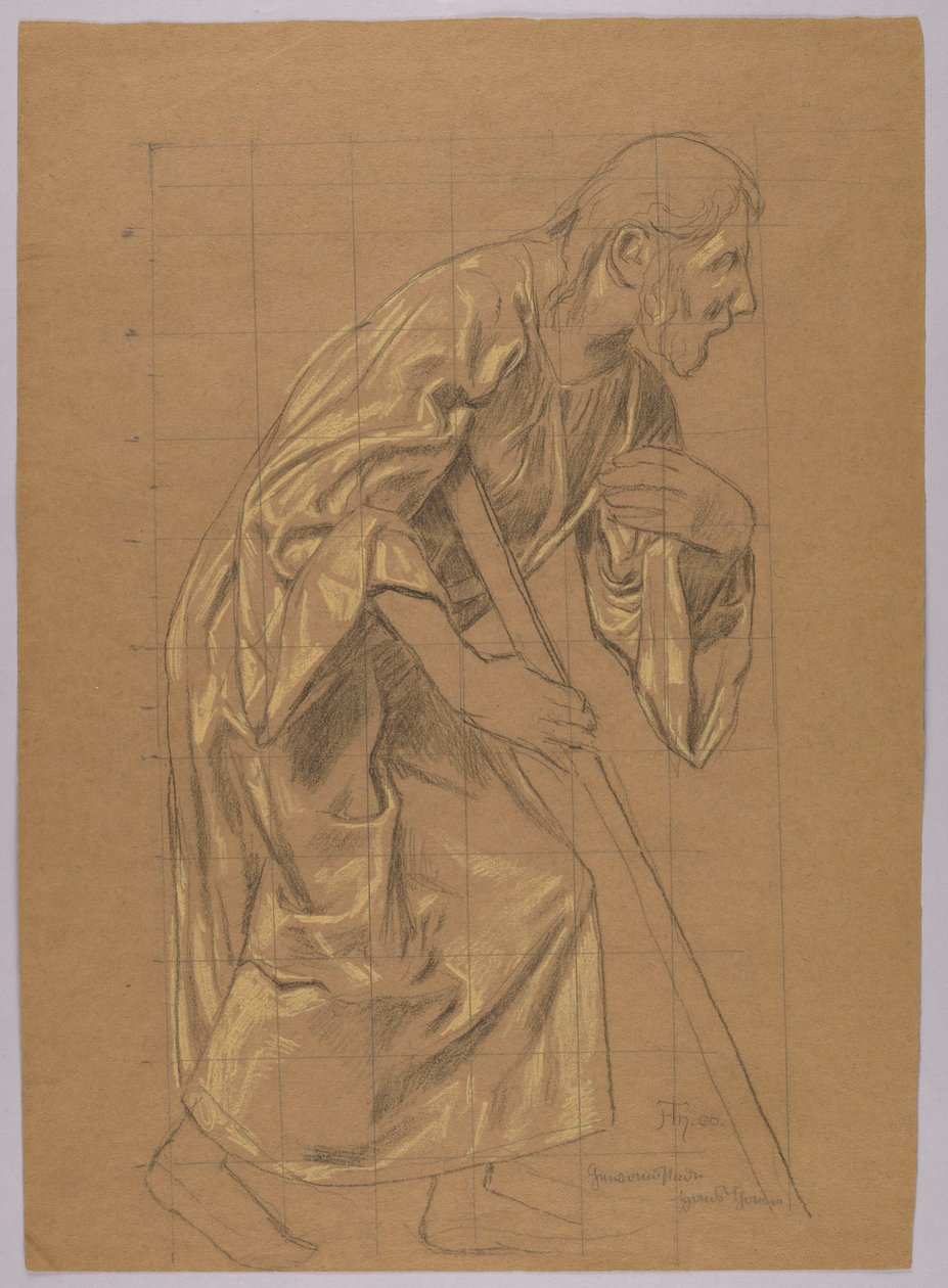 Homem com veste comprida, apoiado num bastão, verso: esboço da mesma figura de Hans Thoma