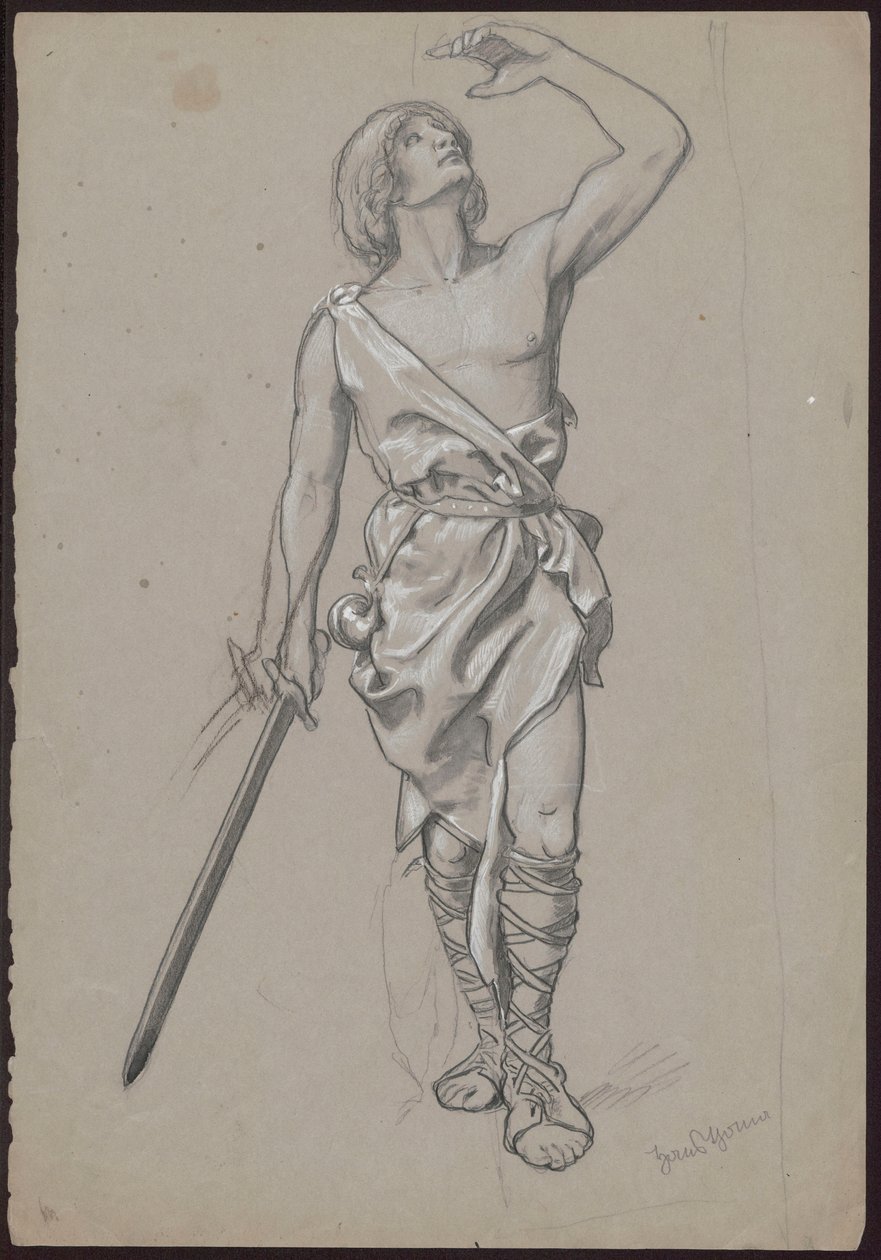 Um homem com uma túnica, com o torso descoberto, um corno de caça ao lado do corpo e uma espada na mão direita de Hans Thoma