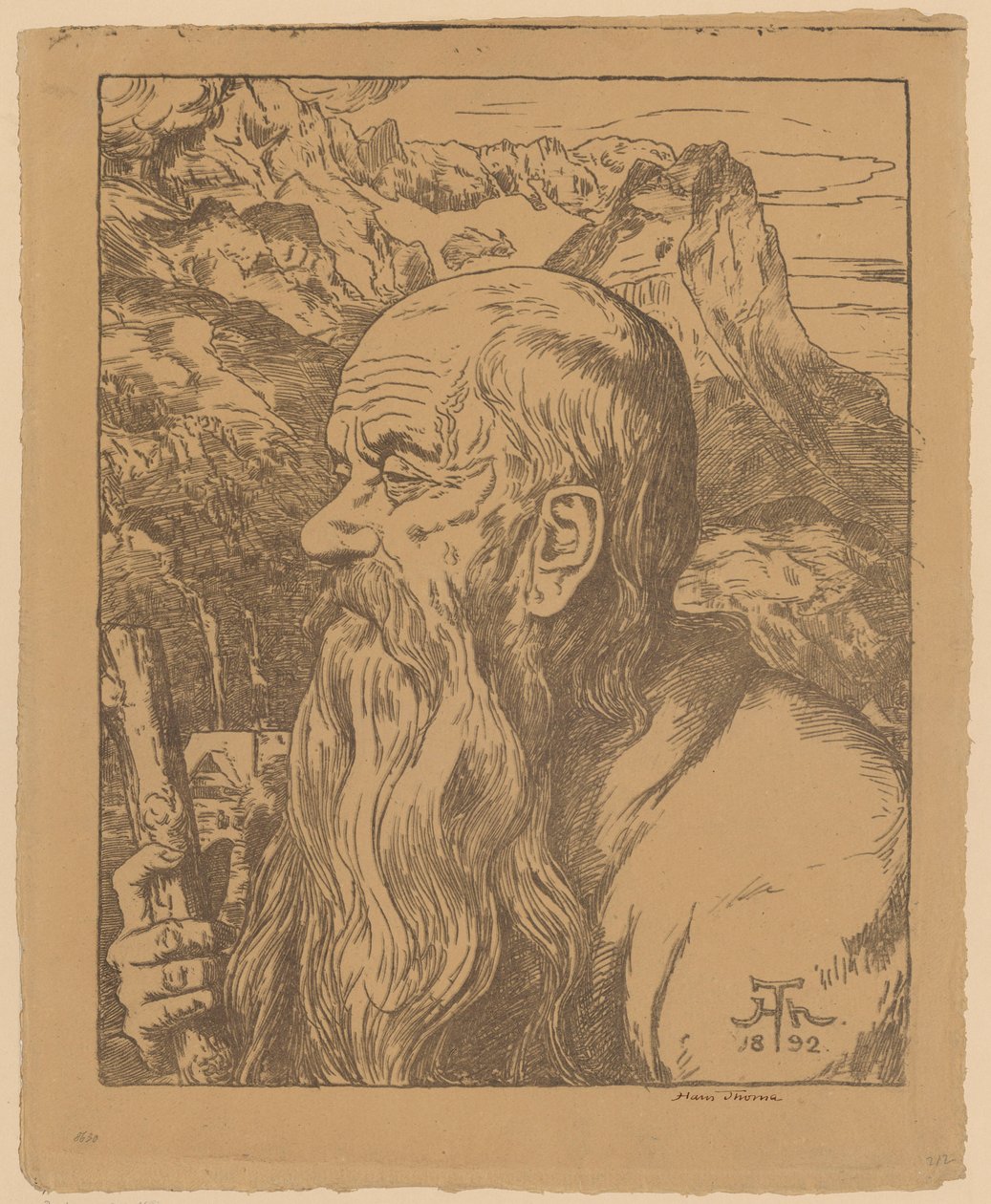 Um viajante místico com os Alpes ao fundo de Hans Thoma