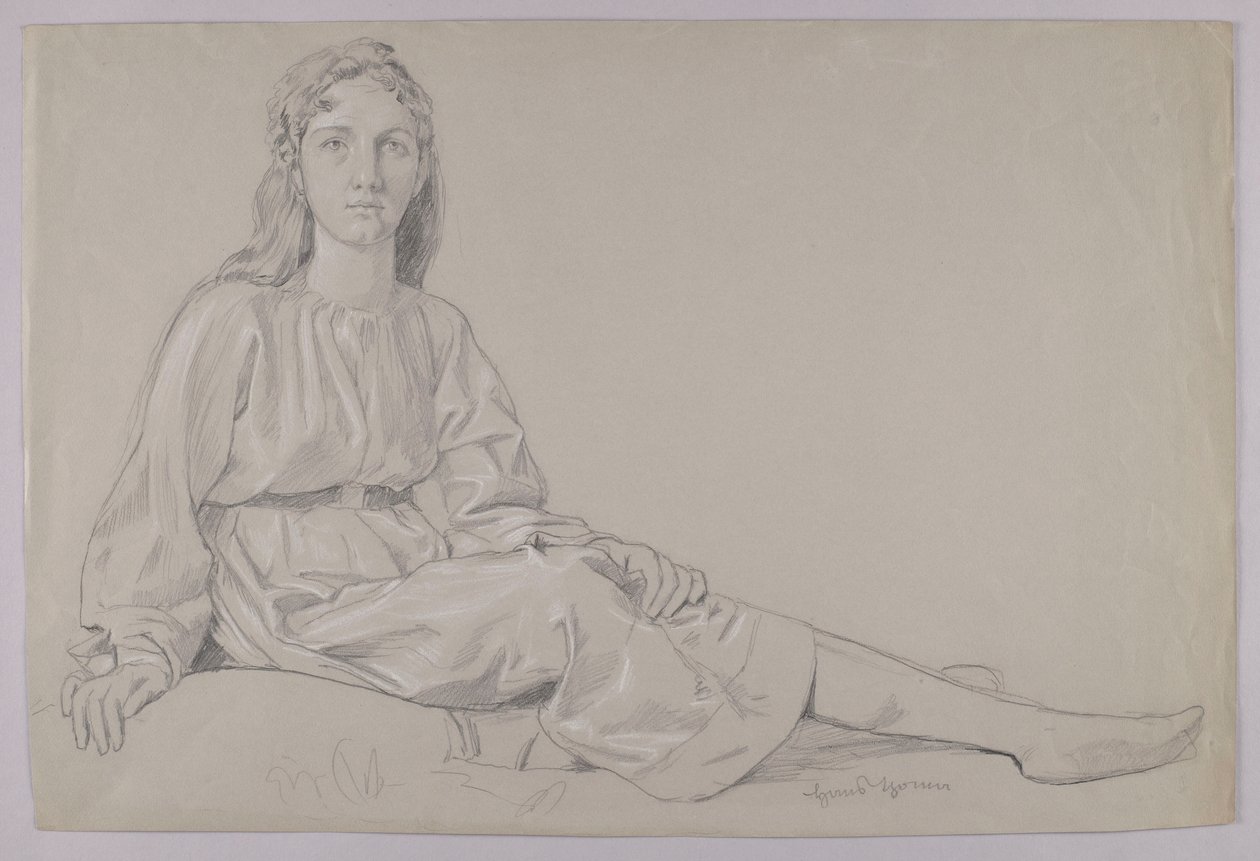 Uma jovem vestida com uma túnica, sentada na relva de Hans Thoma
