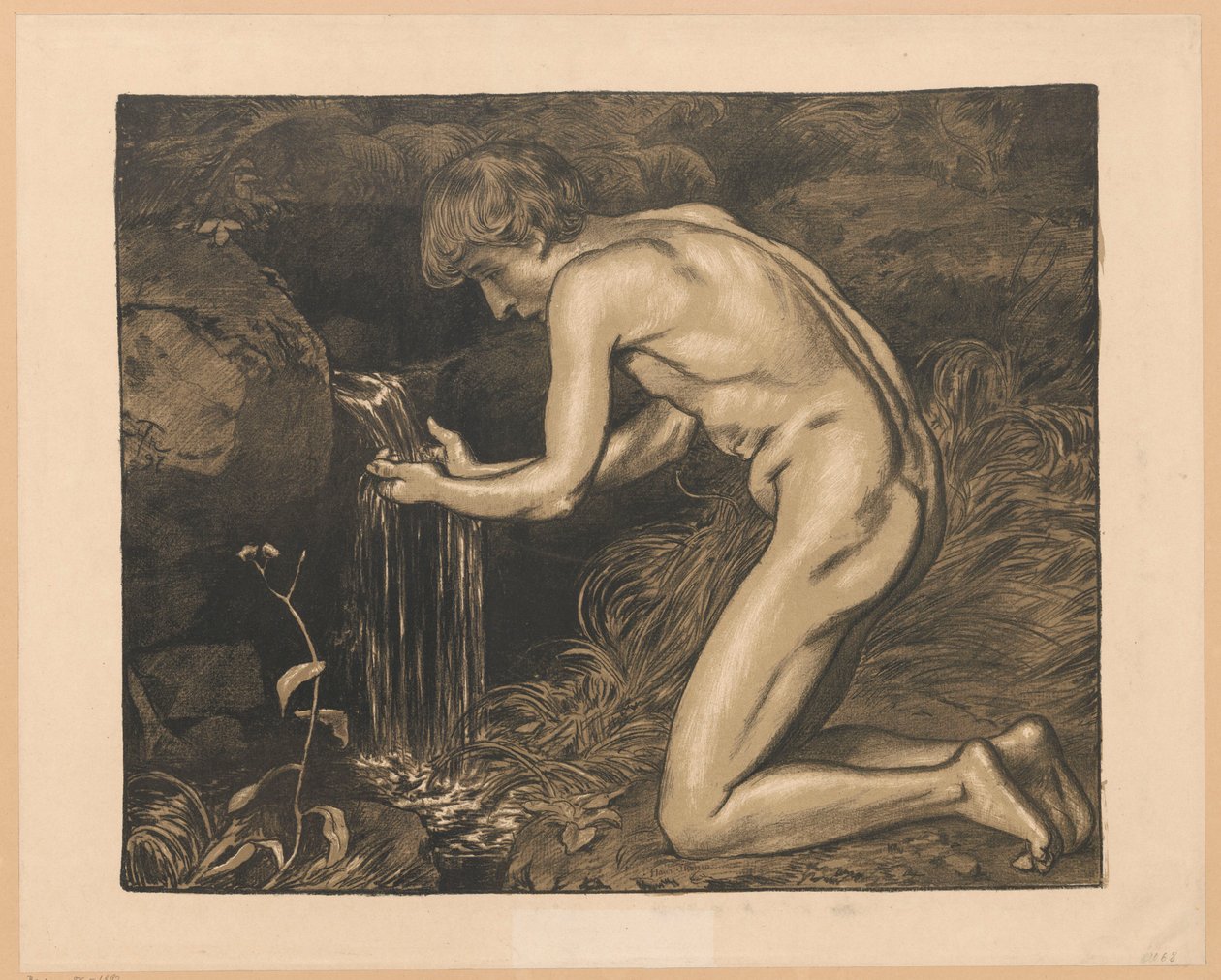 Jovem a tirar água de uma nascente, nu de Hans Thoma