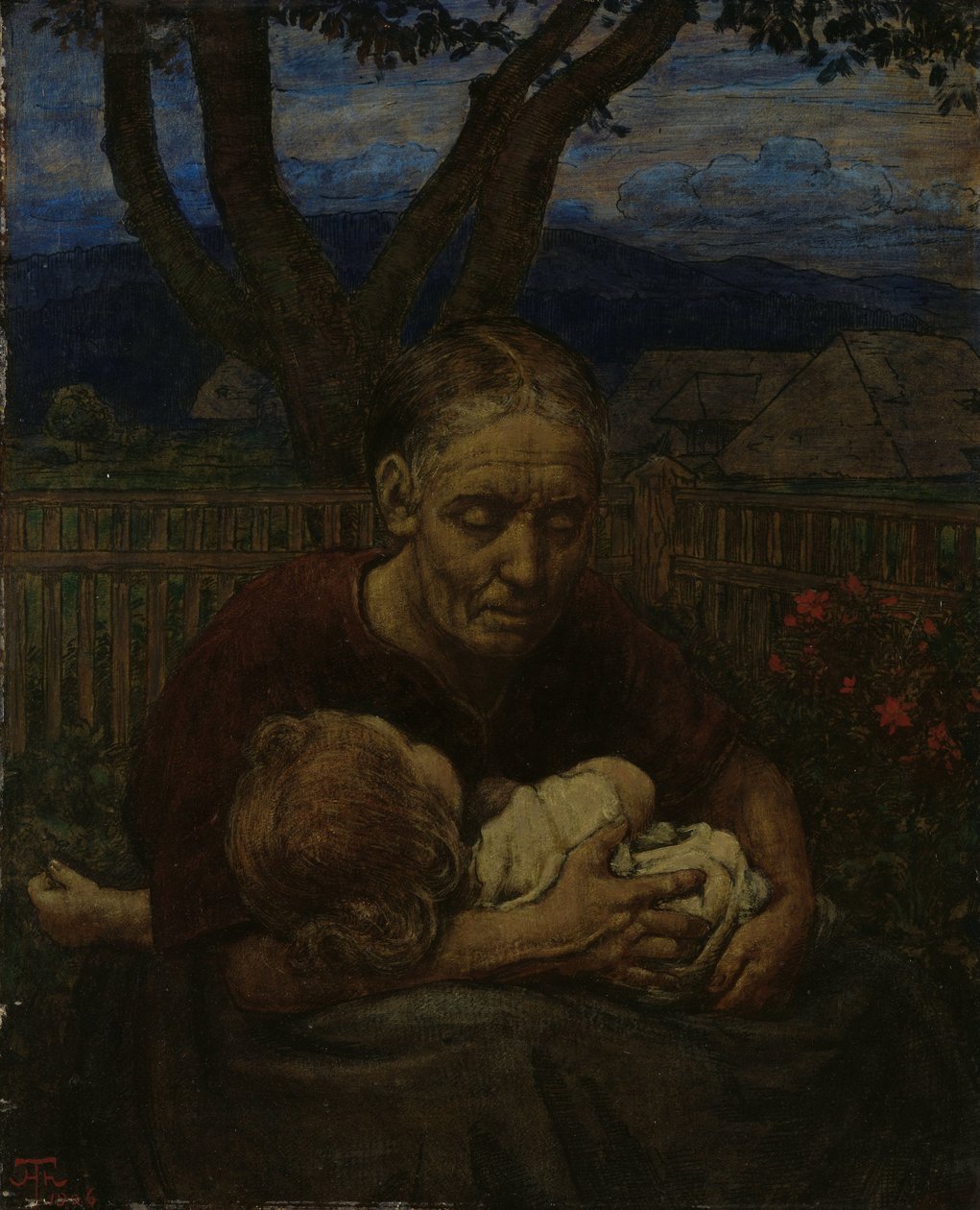 Mãe e filho em um jardim de Hans Thoma