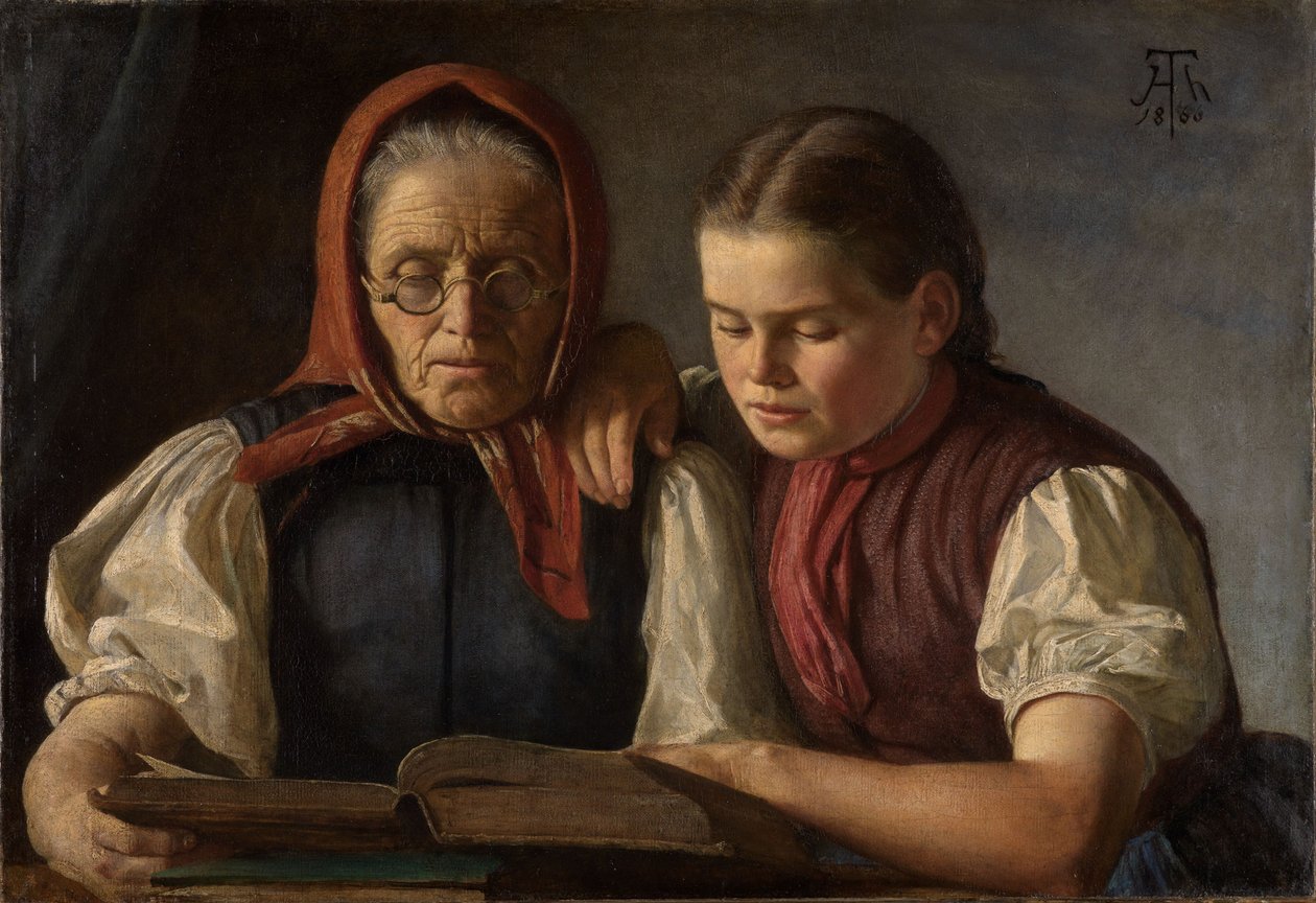 A mãe e a irmã do artista a ler a Bíblia de Hans Thoma