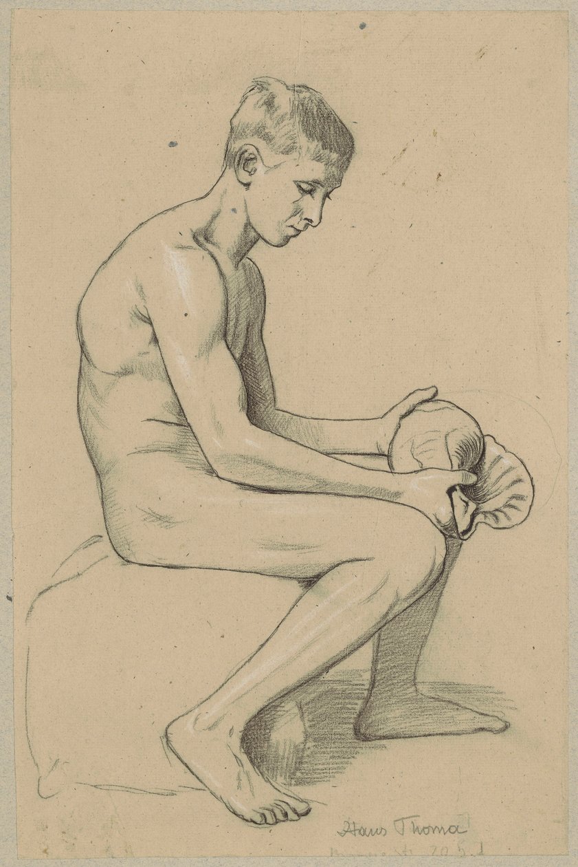 Jovem nu com uma concha, sentado numa pedra de Hans Thoma