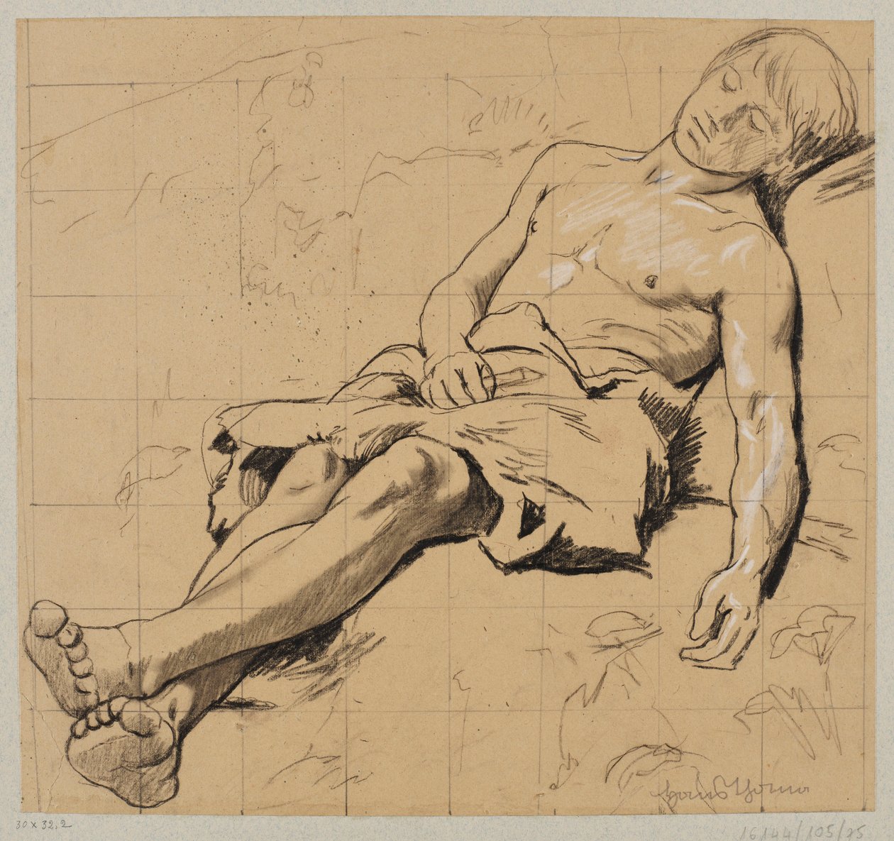 Pastor seminu com tanga de couro, a dormir num prado de Hans Thoma