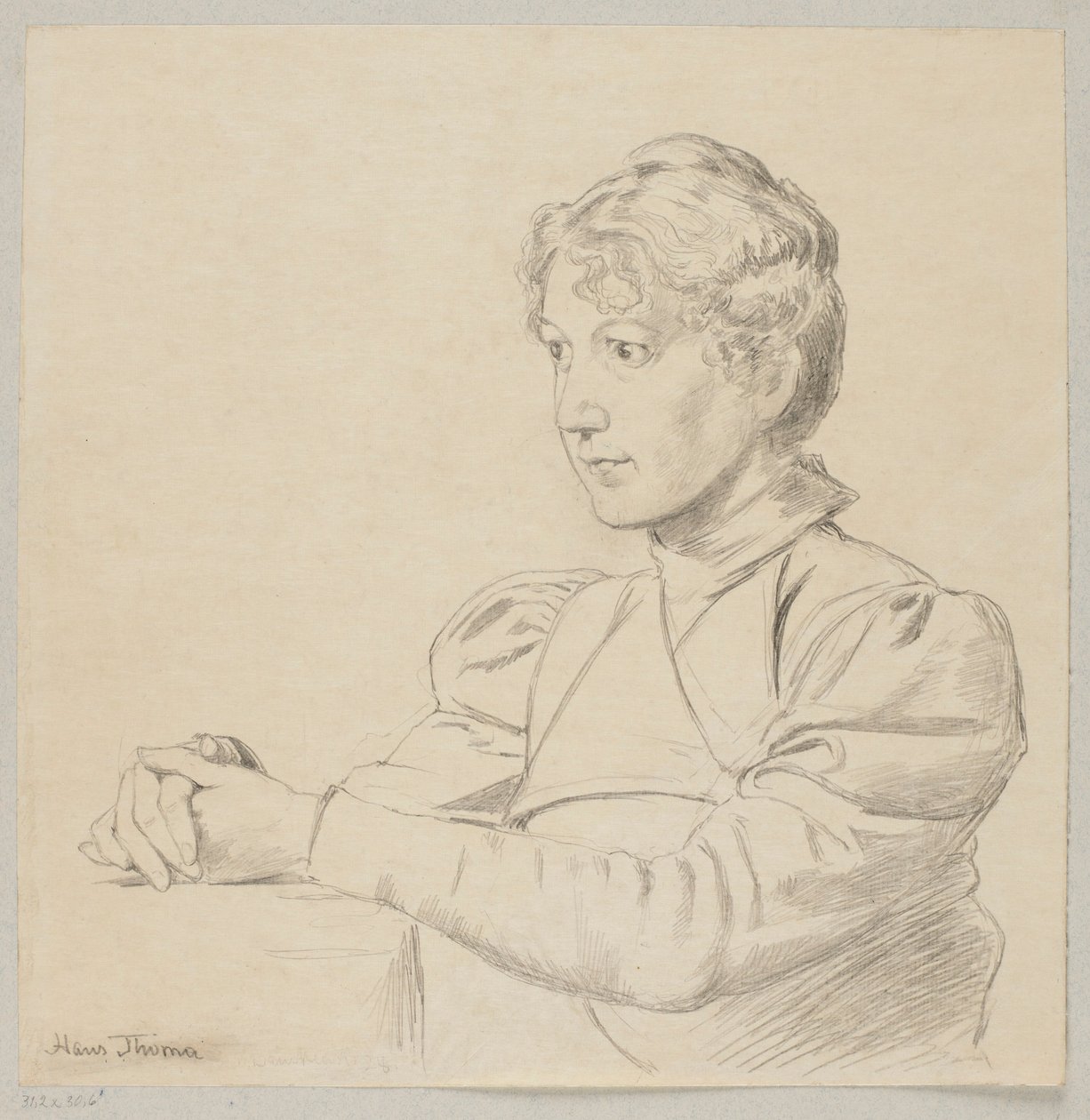 Retrato de uma jovem com as mãos sobre a mesa, retratada até à cintura de Hans Thoma