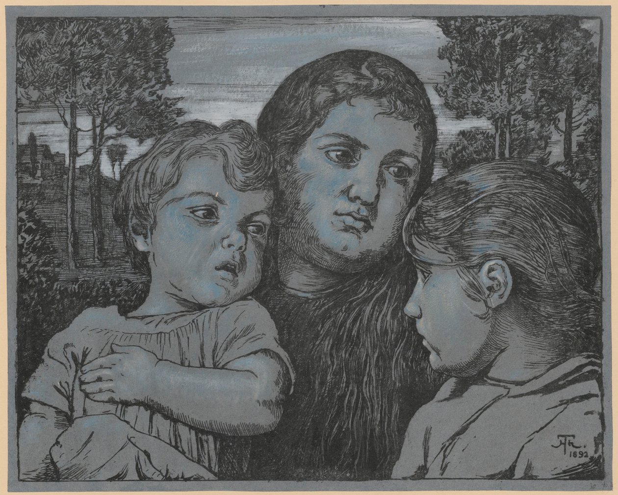 Retrato da mulher do artista, Celli, com duas crianças diante de uma paisagem de Hans Thoma