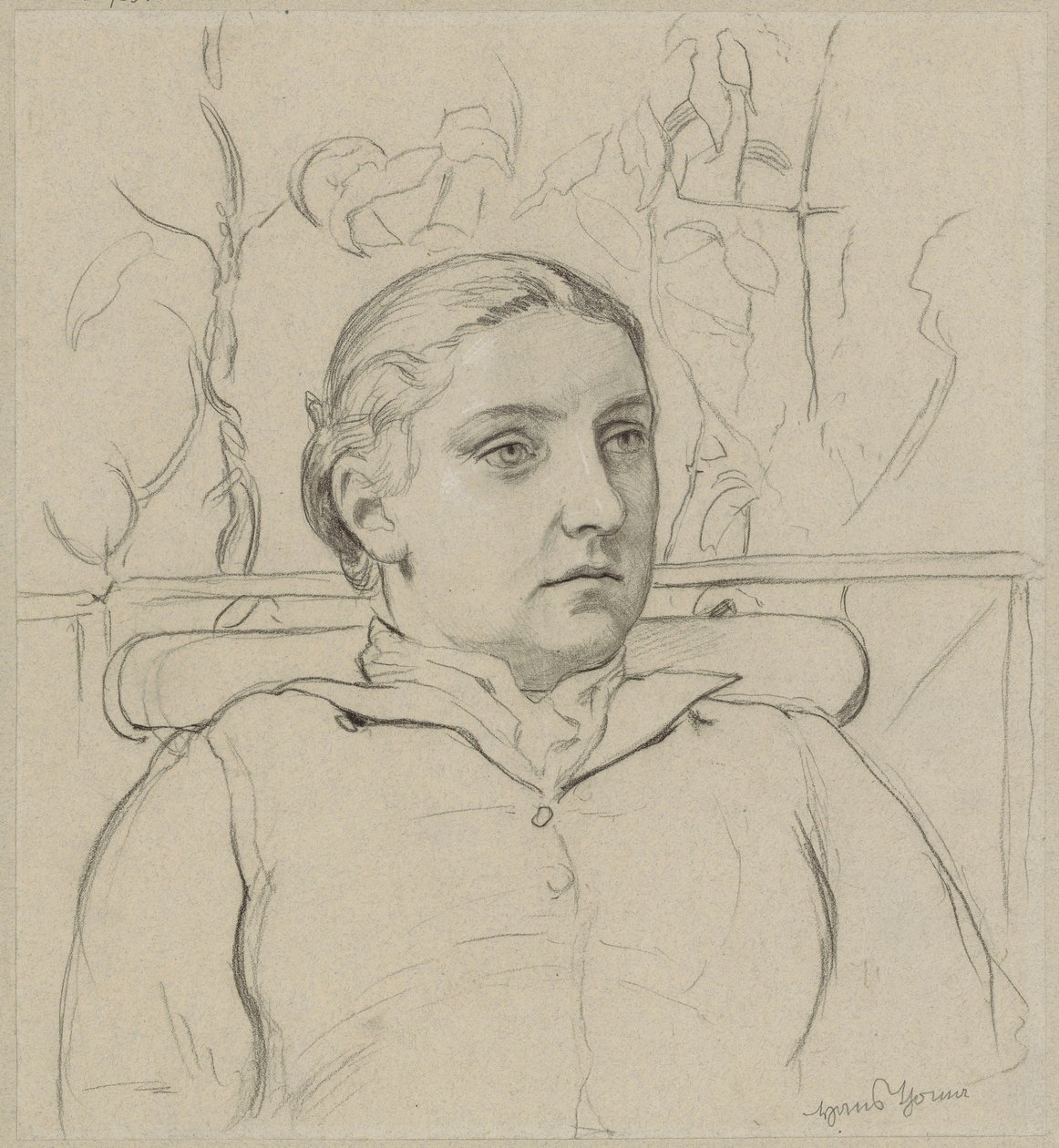 Retrato da esposa do artista, em forma de busto, sentada num banco com um cenário verde ao fundo de Hans Thoma
