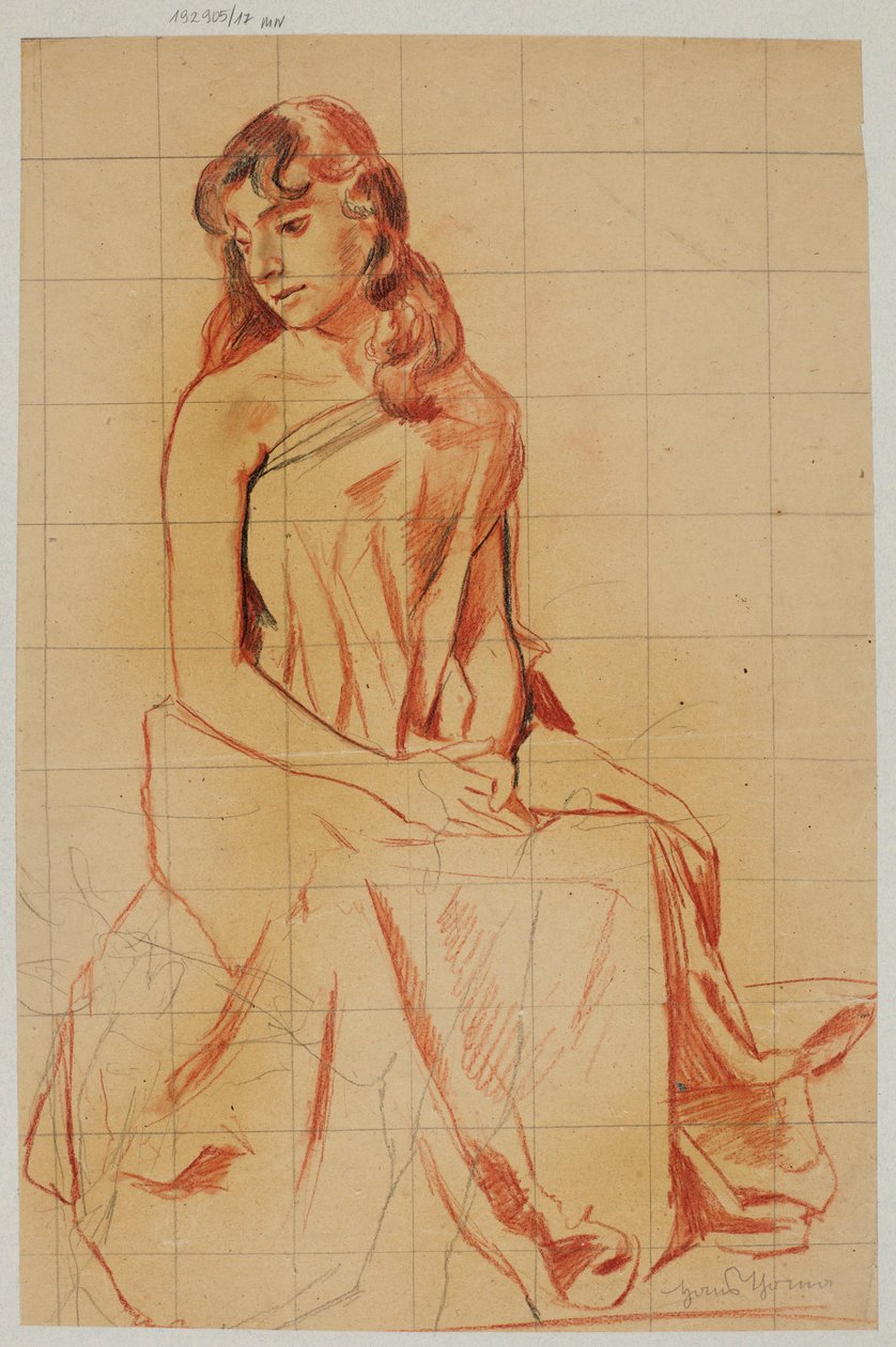Estudo de uma jovem mulher envolta numa cortina de Hans Thoma