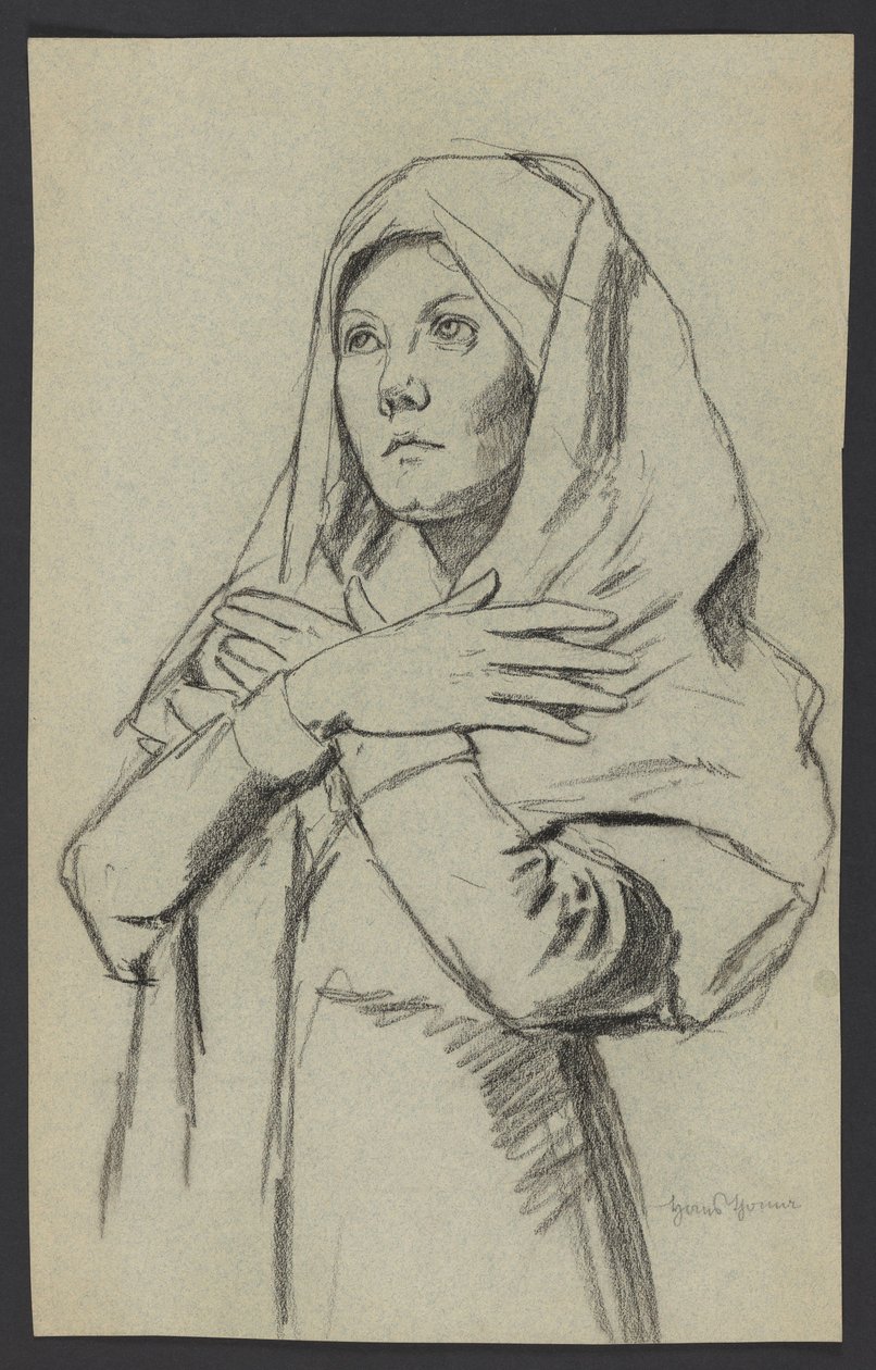 Estudo de uma jovem mulher com um lenço comprido, com os braços cruzados sobre o peito de Hans Thoma