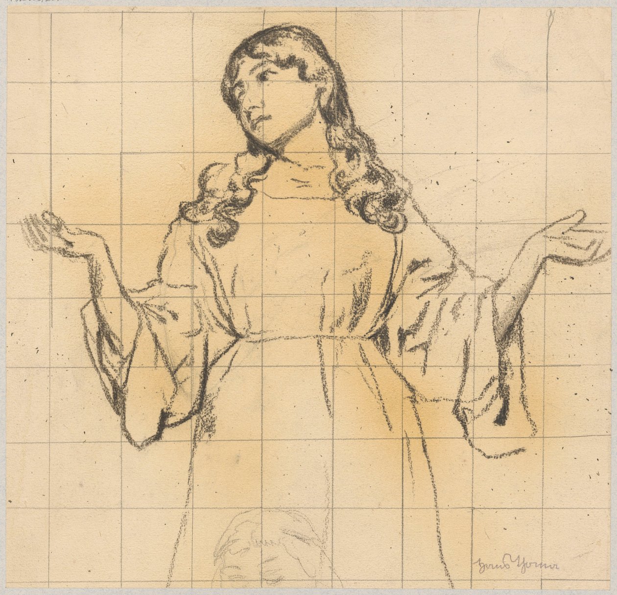 Estudo de uma jovem mulher com um vestido largo e os braços levantados de Hans Thoma