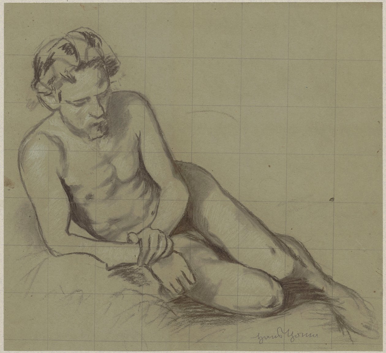 Estudo de um homem nu deitado sobre o lado direito de Hans Thoma