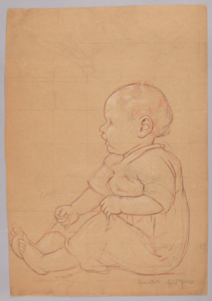 Estudo de uma criança sentada, verso: um velho sentado numa pedra de Hans Thoma