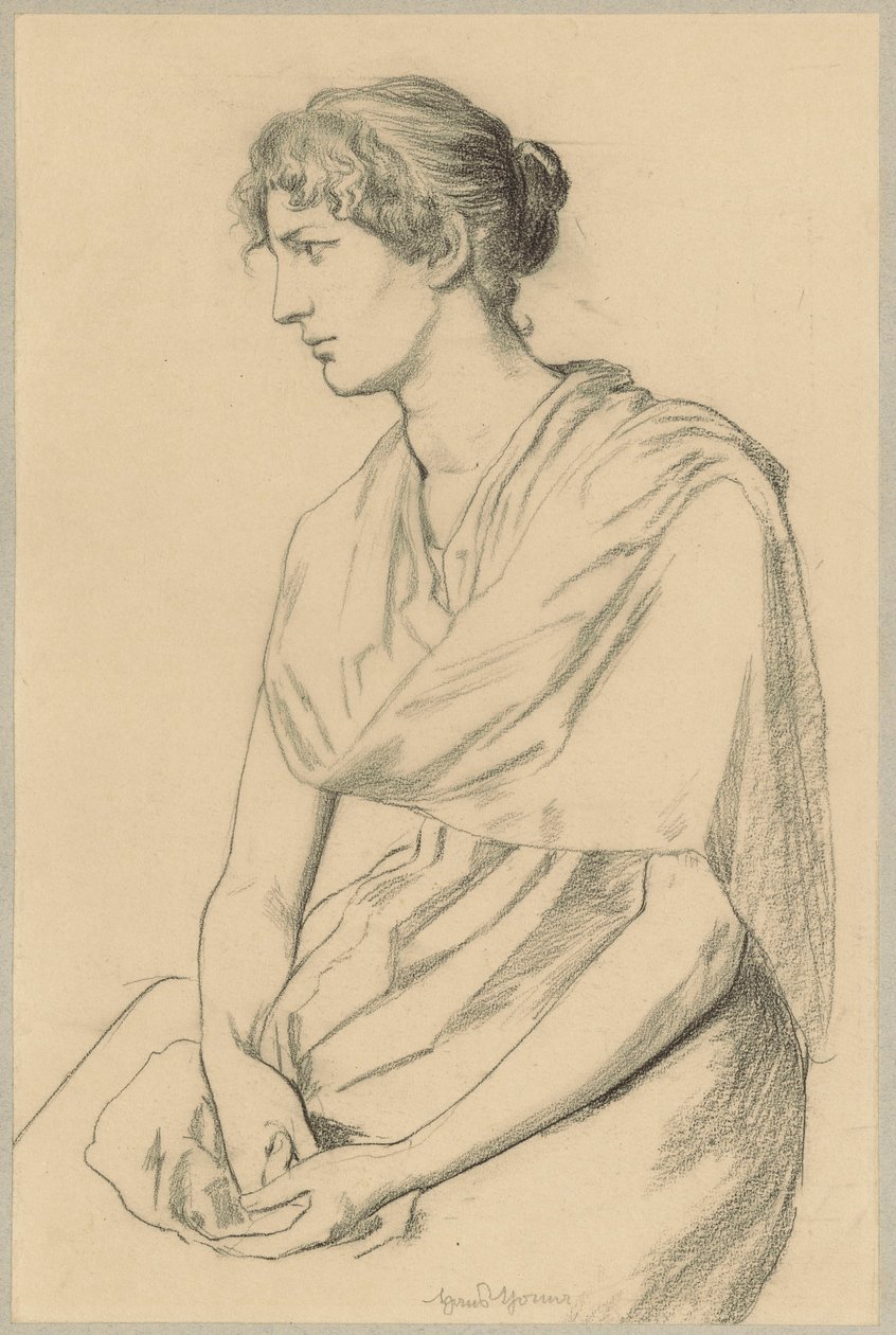 Estudo de uma mulher sentada com um traje que imita o estilo antigo de Hans Thoma
