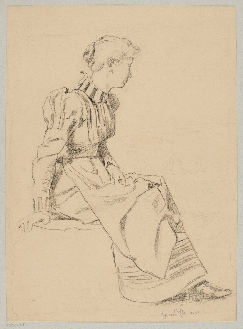 Estudo de uma jovem sentada com um vestido comprido de Hans Thoma
