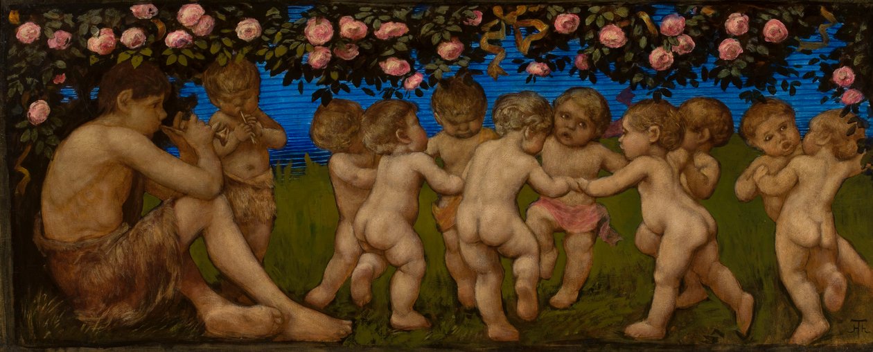 Puttas dançantes com uma guirlanda de rosas de Hans Thoma