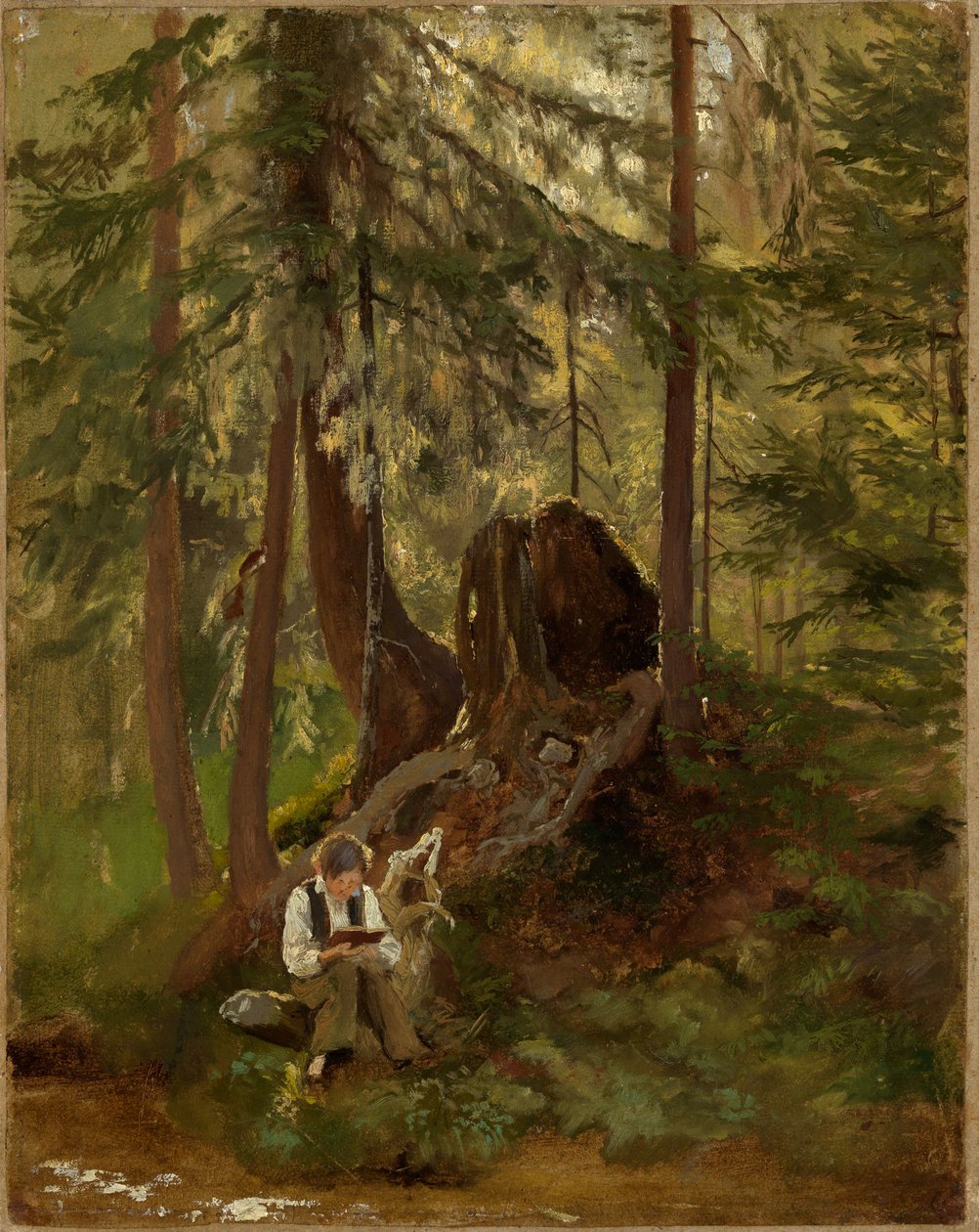 Interior de floresta com rapaz a ler de Hans Thoma