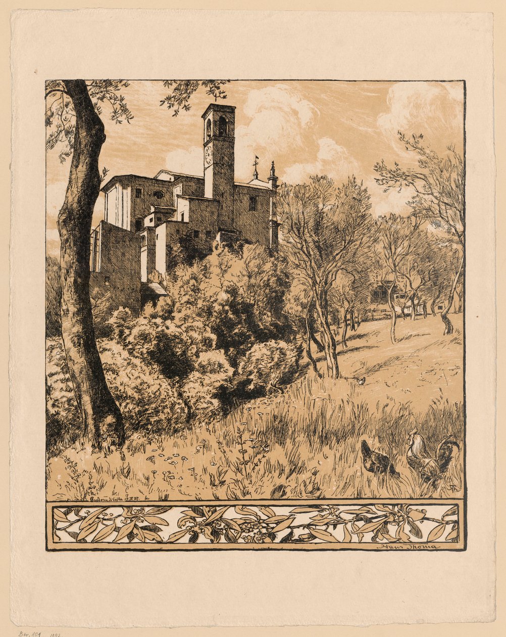 Vista da igreja de São Nicolau, o Milagroso, situada na colina de Gardone Riviera, junto ao Lago de Garda, na Lombardia, com uma borda na parte inferior decorada com motivos de ramos de oliveira de Hans Thoma