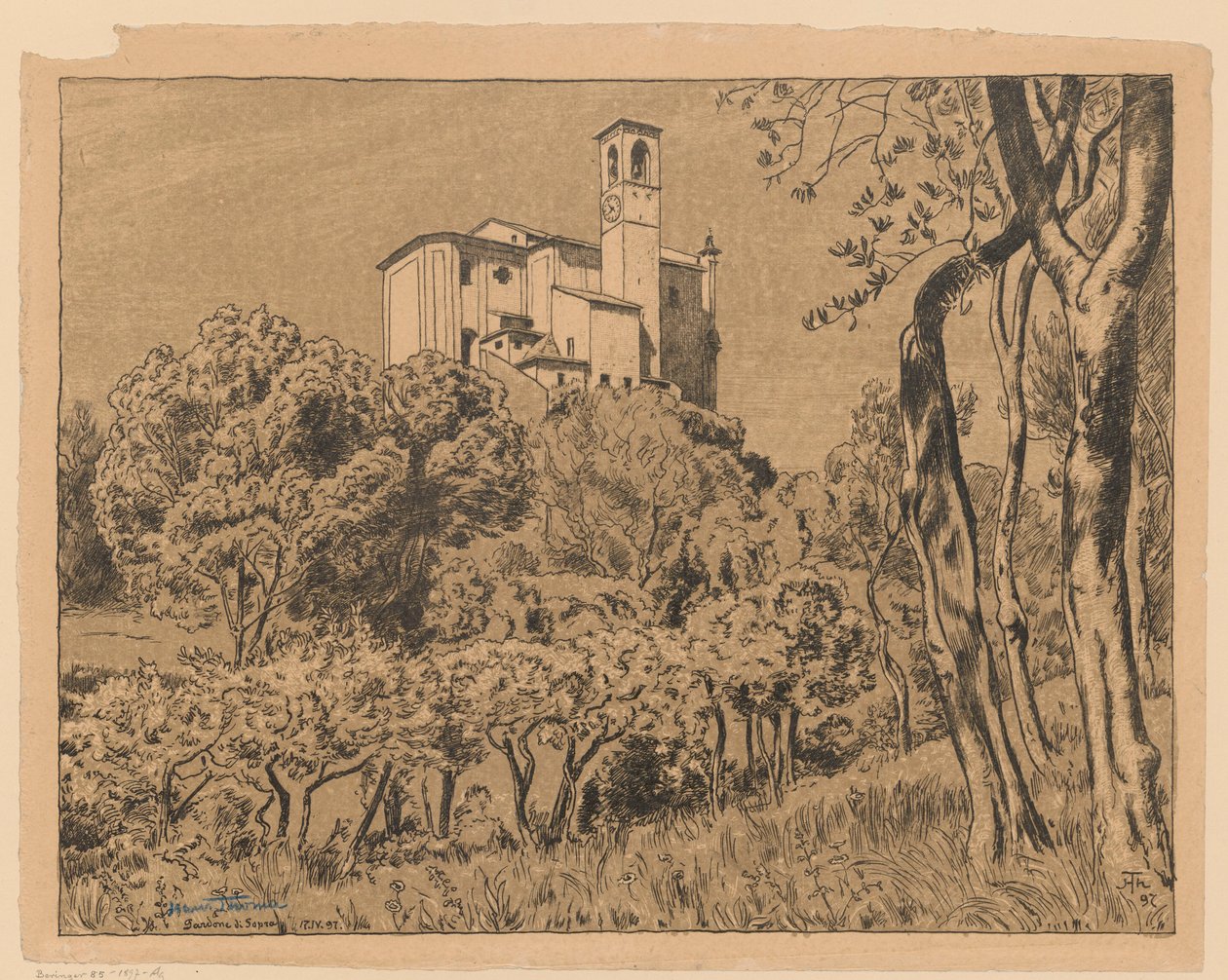 Vista da igreja de São Nicolau, o Milagroso, na colina de Gardone Riviera, junto ao Lago de Garda, na Lombardia de Hans Thoma