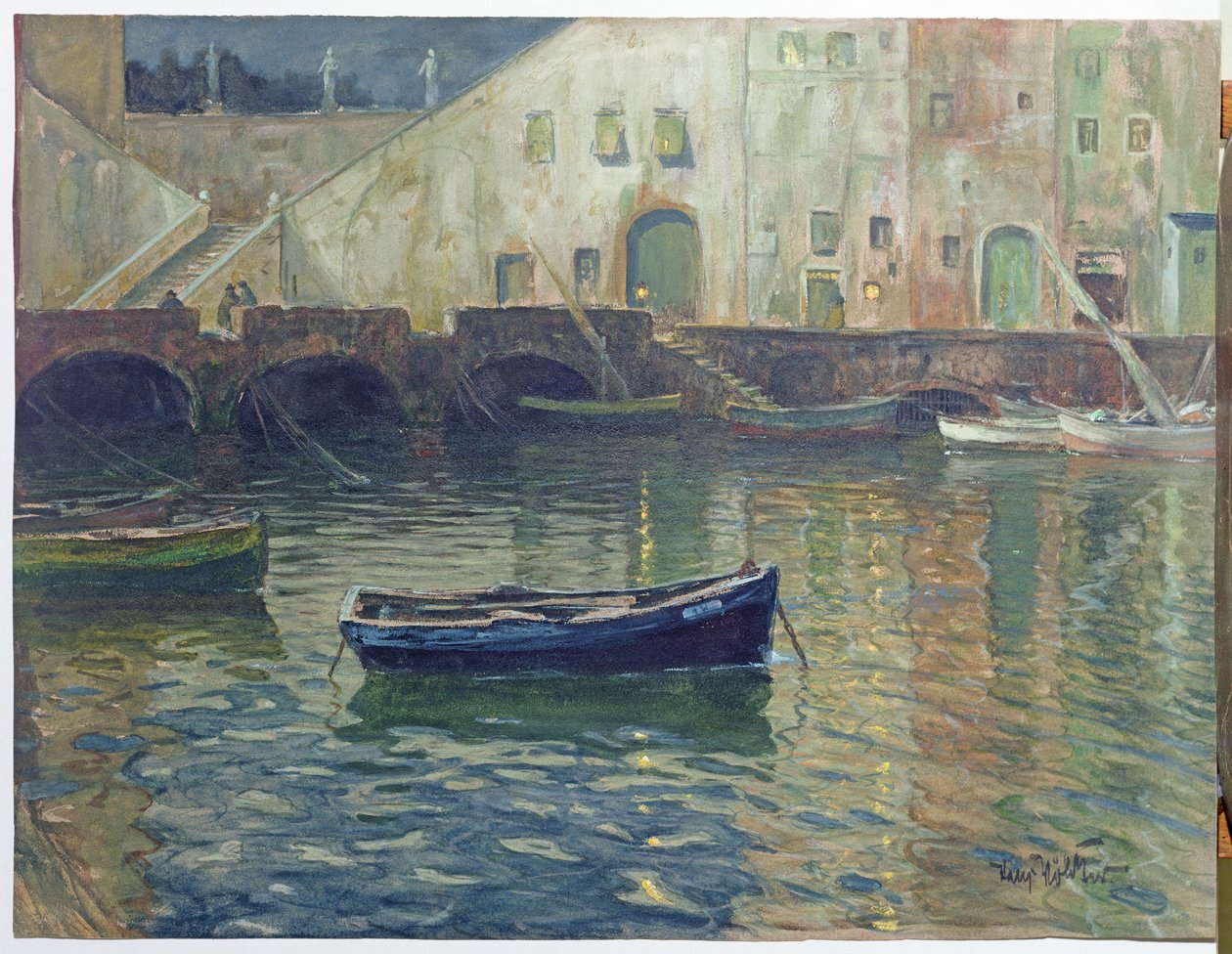Porto no luar, c.1900 (wc no papel) de Hans Volcker