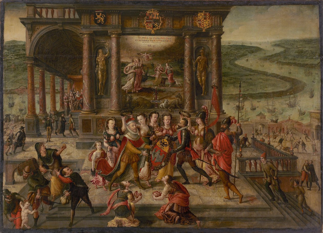 Alegoria sobre a queda de Antuérpia em 17 de agosto de 1585, 1585-1586. de Hans Vredeman de Vries