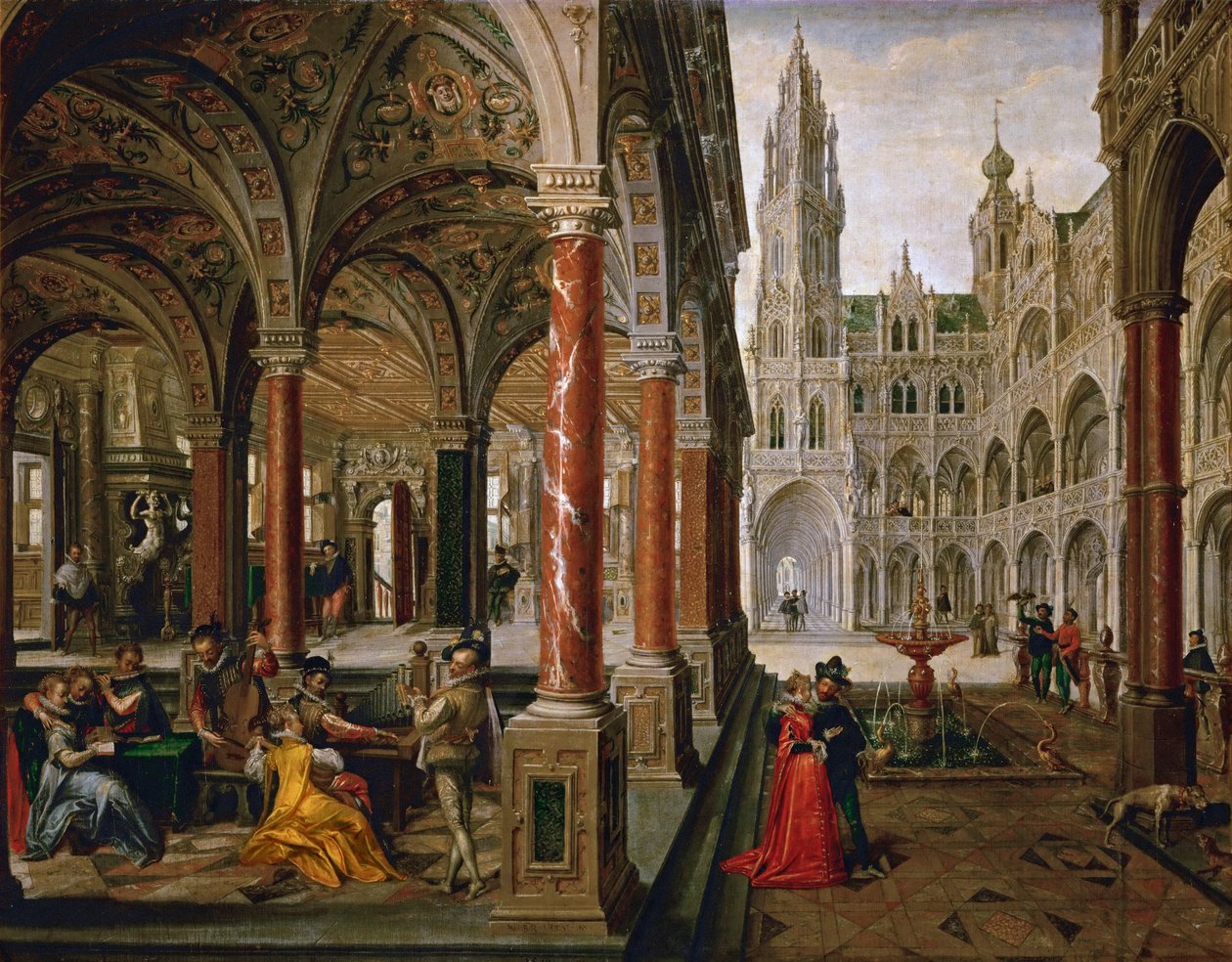 Palácio com músicos - Hans Vredeman de Vries (Jan de Vriese ou Friedman de Frise) (1526-1606). Óleo sobre tela de Hans Vredeman de Vries