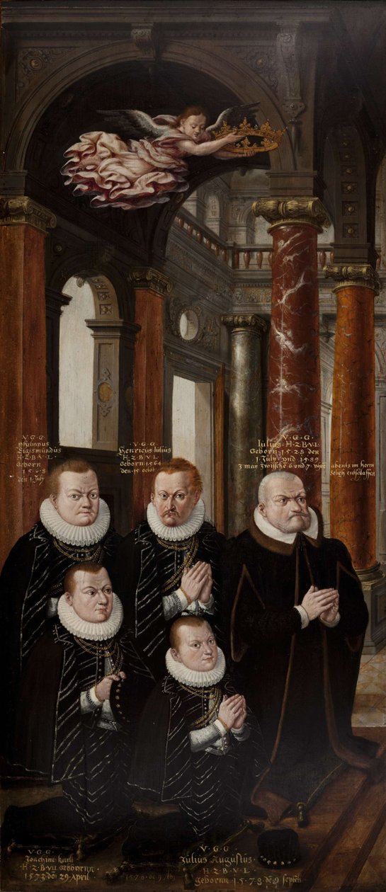 A família de Júlio de Brunsvique-Luneburgo e Edwiges de Brandemburgo. Asa do Retábulo do Epitáfio de Hans Vredeman de Vries