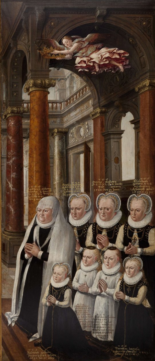 A família de Júlio de Brunsvique-Luneburgo e Edwiges de Brandemburgo. Asa do Retábulo do Epitáfio de Hans Vredeman de Vries