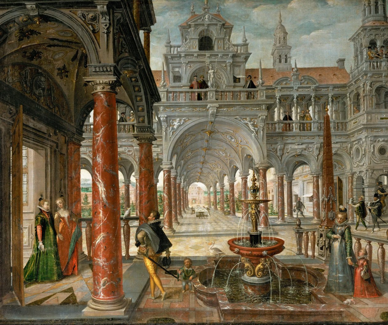 Un palais avec des visiteurs distingue - Palácio com visitantes distintos - Hans Vredeman de Vries (Jan de Vriese ou Friedman de Frise) (1526-1606). Óleo sobre tela, c. 1596. Dimensão : 137x164 cm. Museu de História de Arte, Vienne de Hans Vredeman de Vries