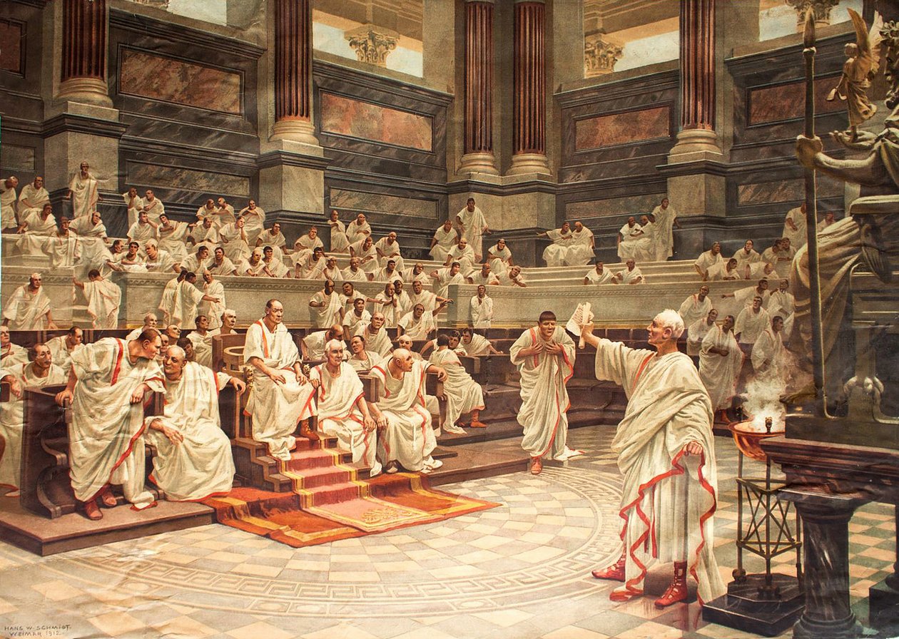 Ciceron no Senado acusou Catilina (108-62 AC) de conjurar, 21 de Outubro, 63 AC - cromolitografia de Hans W. Schmidt