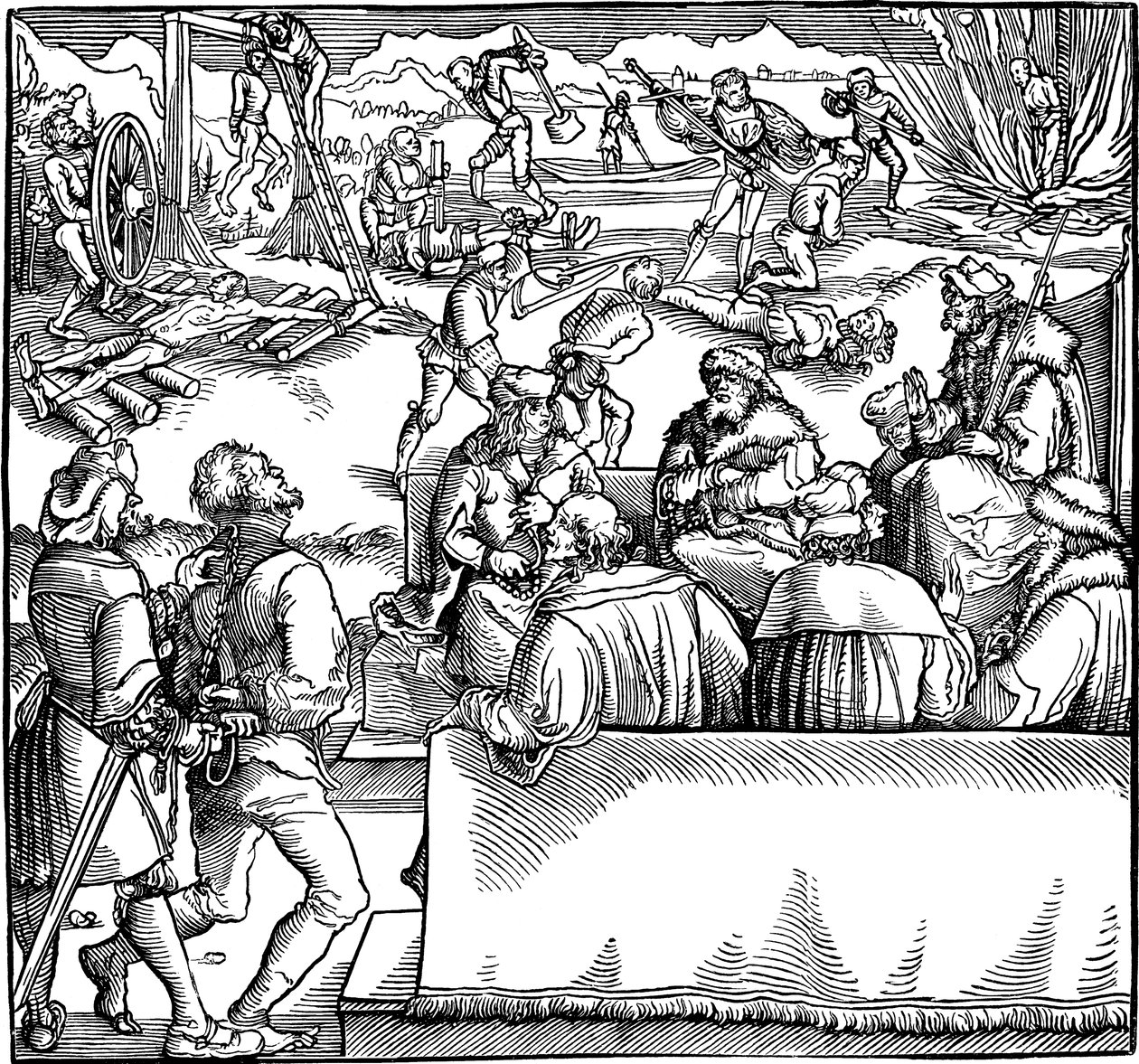 Sessão do tribunal. Ilustração do livro Phisicke Against Fortune de Petrarch, 1532 de Hans Weiditz the Younger