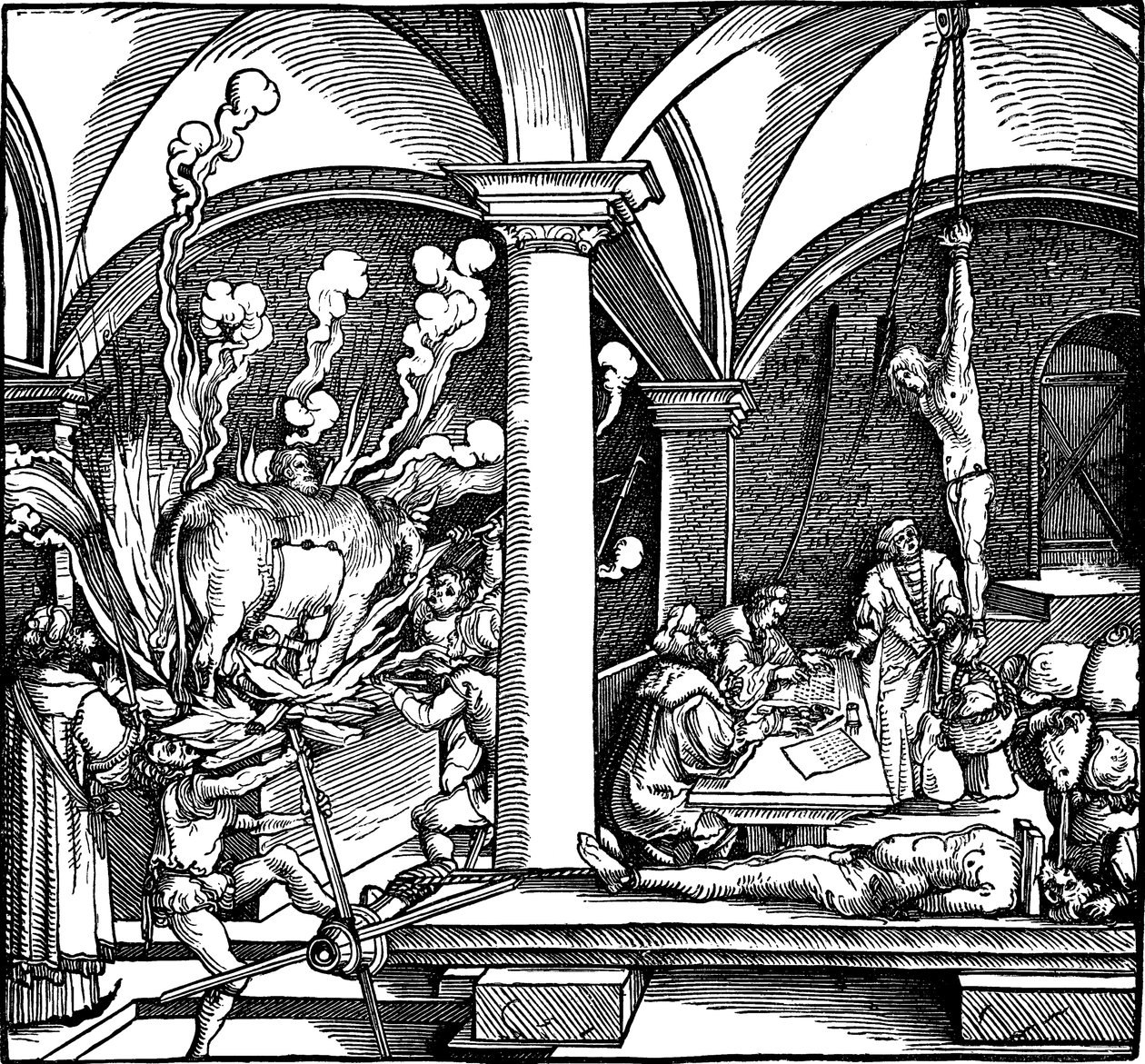 Tortura. Ilustração do livro Phisicke Against Fortune de Petrarch, 1532 de Hans Weiditz the Younger