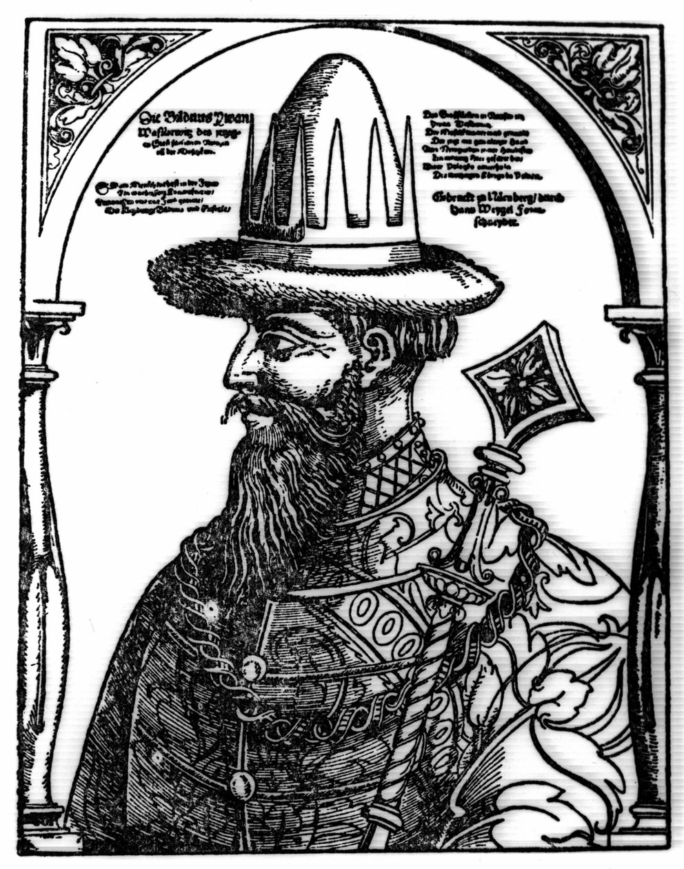 Retrato de Ivan IV, o Terrível (1533 - 1584), czar russo. Xilografia de Hans Weygel. de Hans Weigel