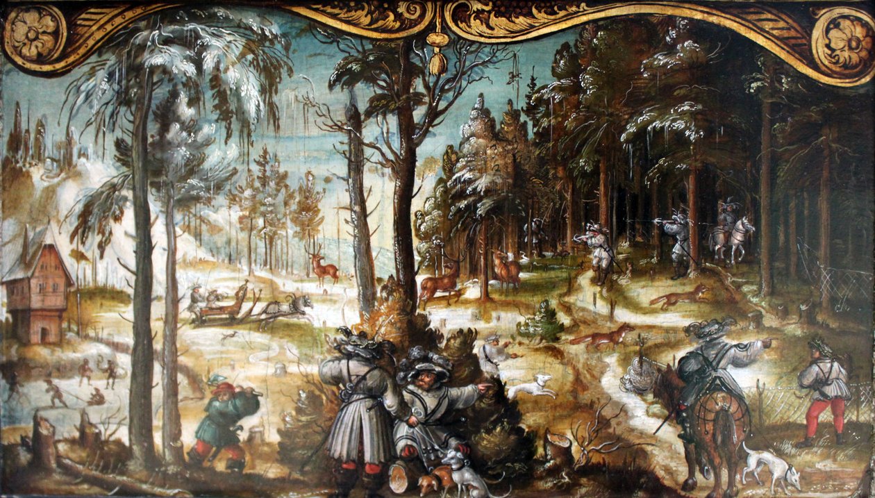 Alemão: Dois painéis de uma série de imagens da vida no campo: Caça à raposa e ao veado no inverno Caça à raposa e ao veado no inverno de Hans Wertinger