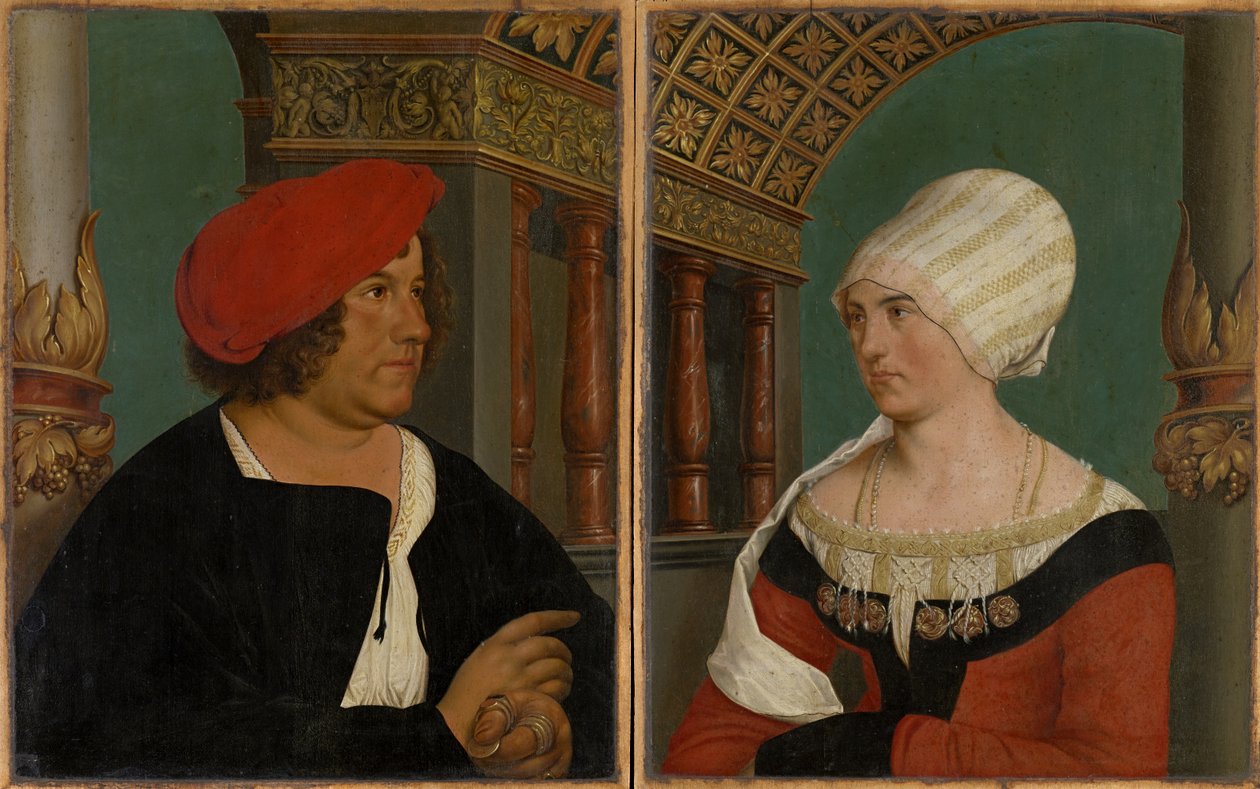 Retrato duplo do prefeito de Basileia Jacob Meyer zum Hasen e sua esposa Dorothea Kannengiesser, 1516 (têmpera em limewood) de Hans after Holbein the Younger