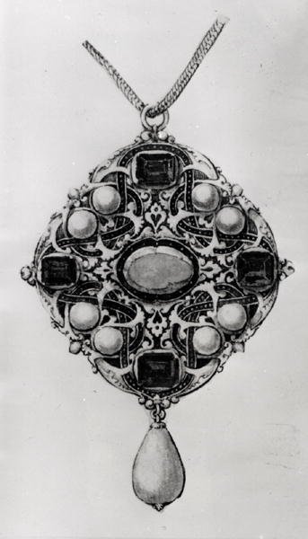 Design para um conjunto de pingente com rubi, safiras e pérolas (caneta e tinta preta, wash & wc no papel) de Hans attr. to Holbein the Younger