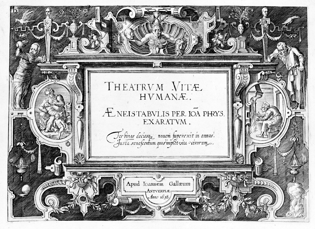Página de rosto de &39;Theatrum Vitae Humanae&39;, gravado por Johannes Wierix (1549-c.1618) reimpresso em 1638 de Hans or Jan Vredeman de Vries