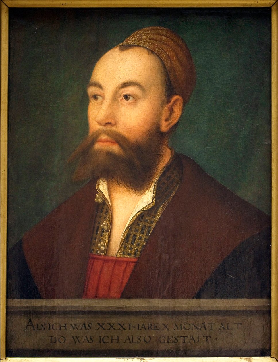 Retrato do banqueiro Anton Fugger (1493-1560) (no texto: representativo como ele tinha 31 anos e 10 meses) - Pintura de Hans Maler dit de Schwaz (1480-1526 ou 1529), óleo sobre tela, cerca de 1525 - Arte alemã século XVI - Musee des Beaux A de Hans or Johan Maler