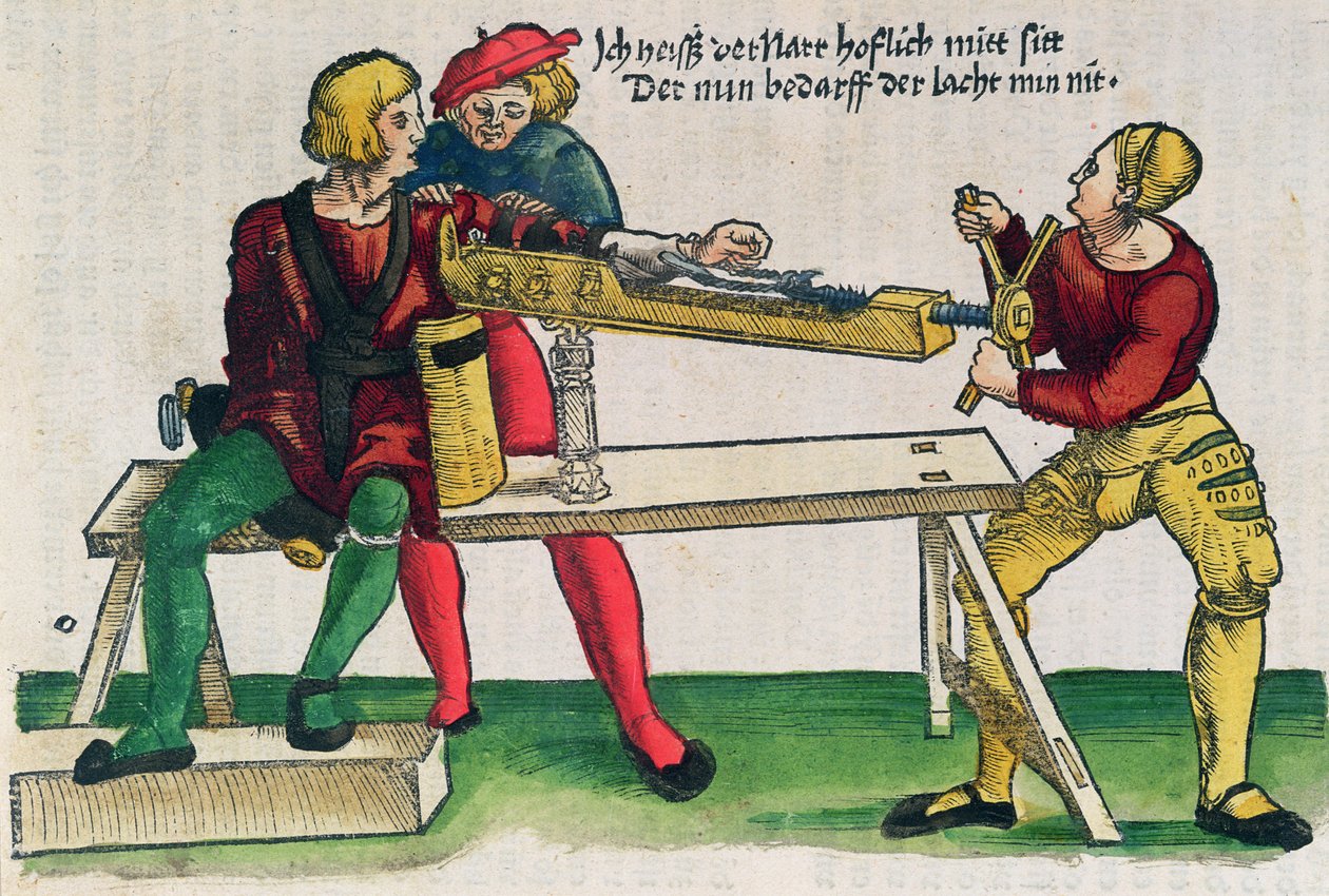 Aparelho para a cura de fraturas de braços, ilustração do "Feldtbuch der Wundartzney" de Hans von Gersdorff, c.1540 (xilogravura colorida) de Hans or Johannes Ulrich Wechtlin