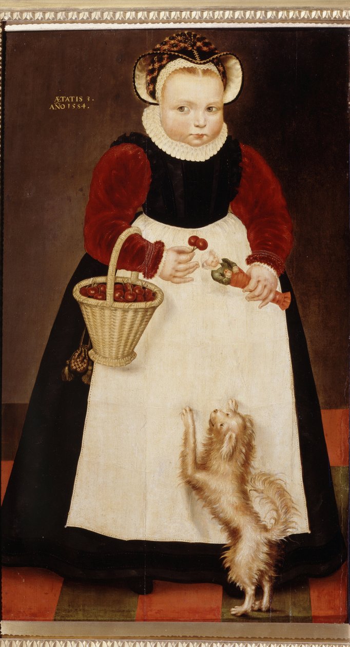 ""Retrato de uma menina segurando uma cesta de cerejas e uma bonequinha"" (Retrato de uma menina) Ela usa uma coleira de morango Pintura de Hans Bock, o Velho (por volta de 1550-1623) 1584 Museu Pushkin, Moscou de Hans the Elder Bock