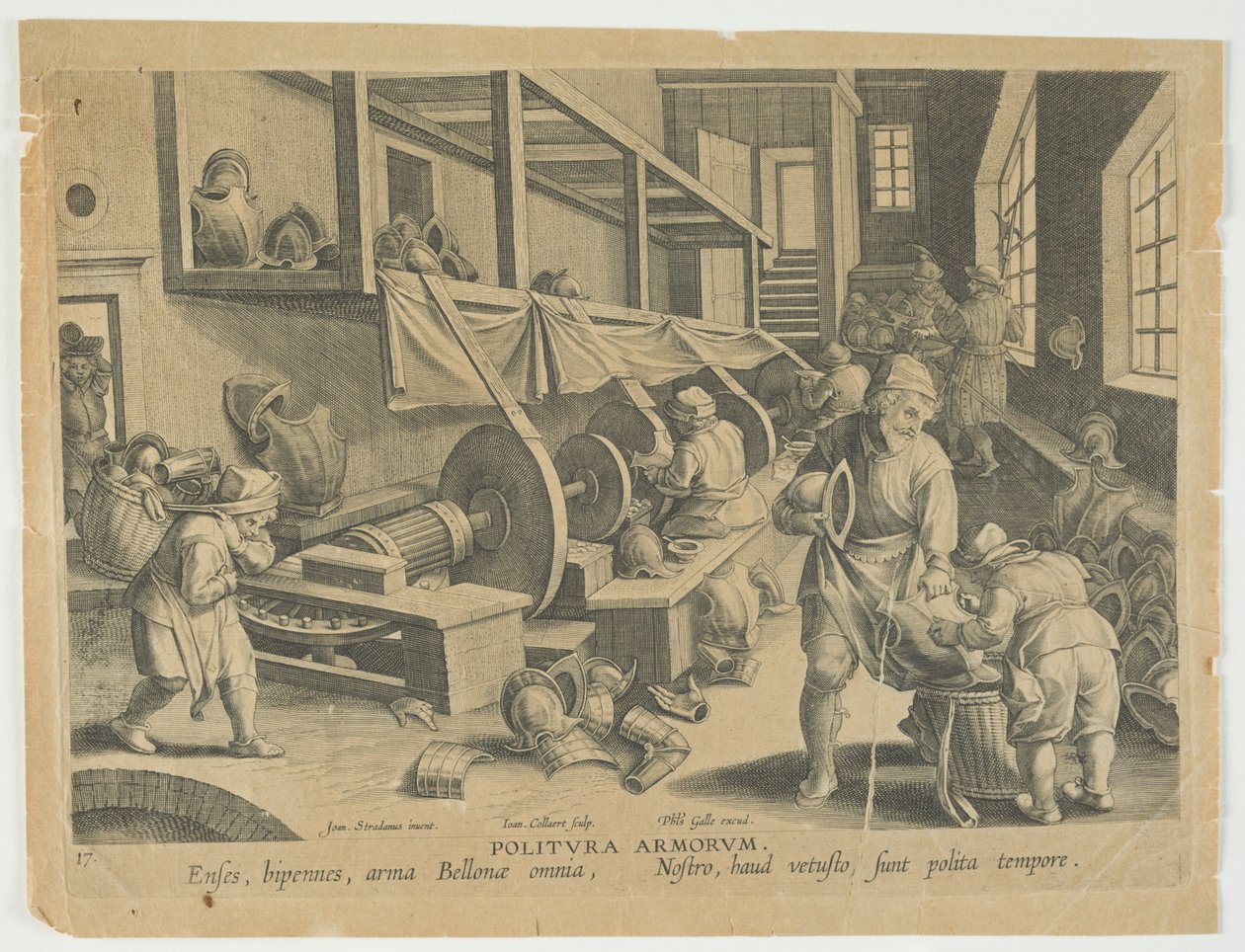 Politura Armorum, Polishing Arms, gravura 17 da série Nova Reperta, Modern Discoveries, c.1588 (gravura) de Hans the younger Collaert