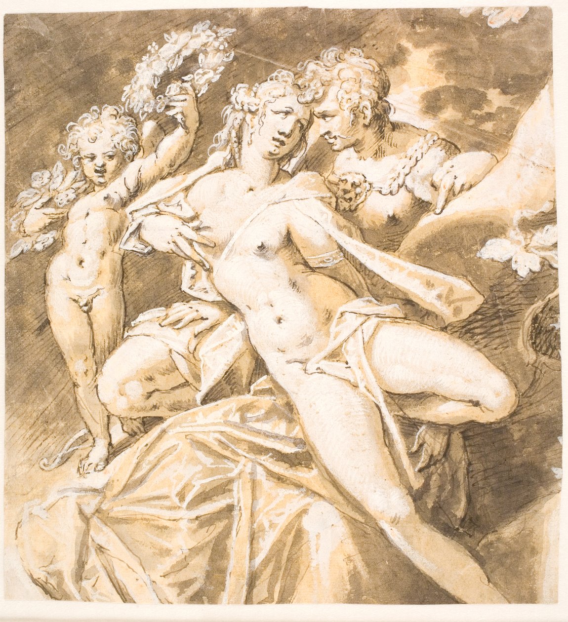 Dinamarquês: Marte acariciando Vénus; esquerda. um cupido a entregar-lhe uma coroa de flores de Hans von Aachen