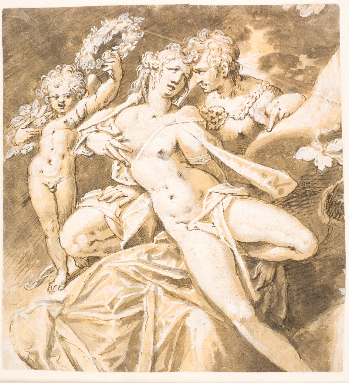 Marte acariciando Vênus; televisão. um cupido entregando-lhe uma coroa de flores de Hans von Aachen